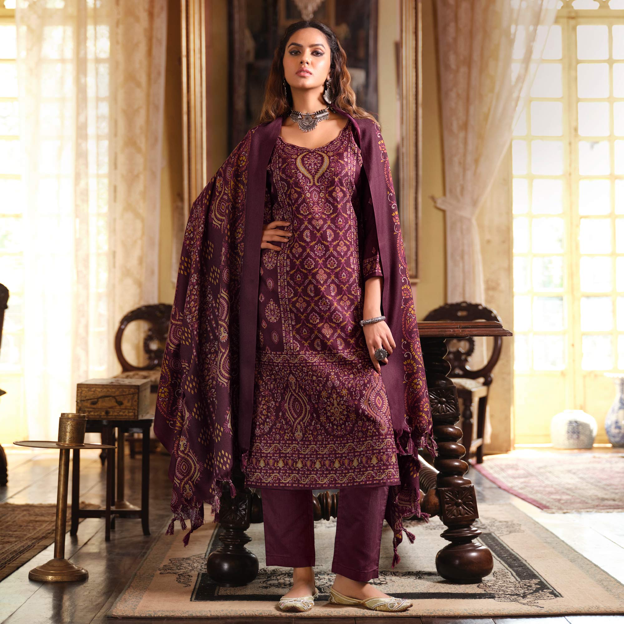 Wine Digital Printed Pashmina Woolen Suit