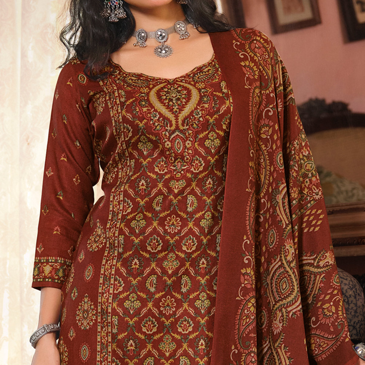 Rust Digital Printed Pashmina Woolen Suit