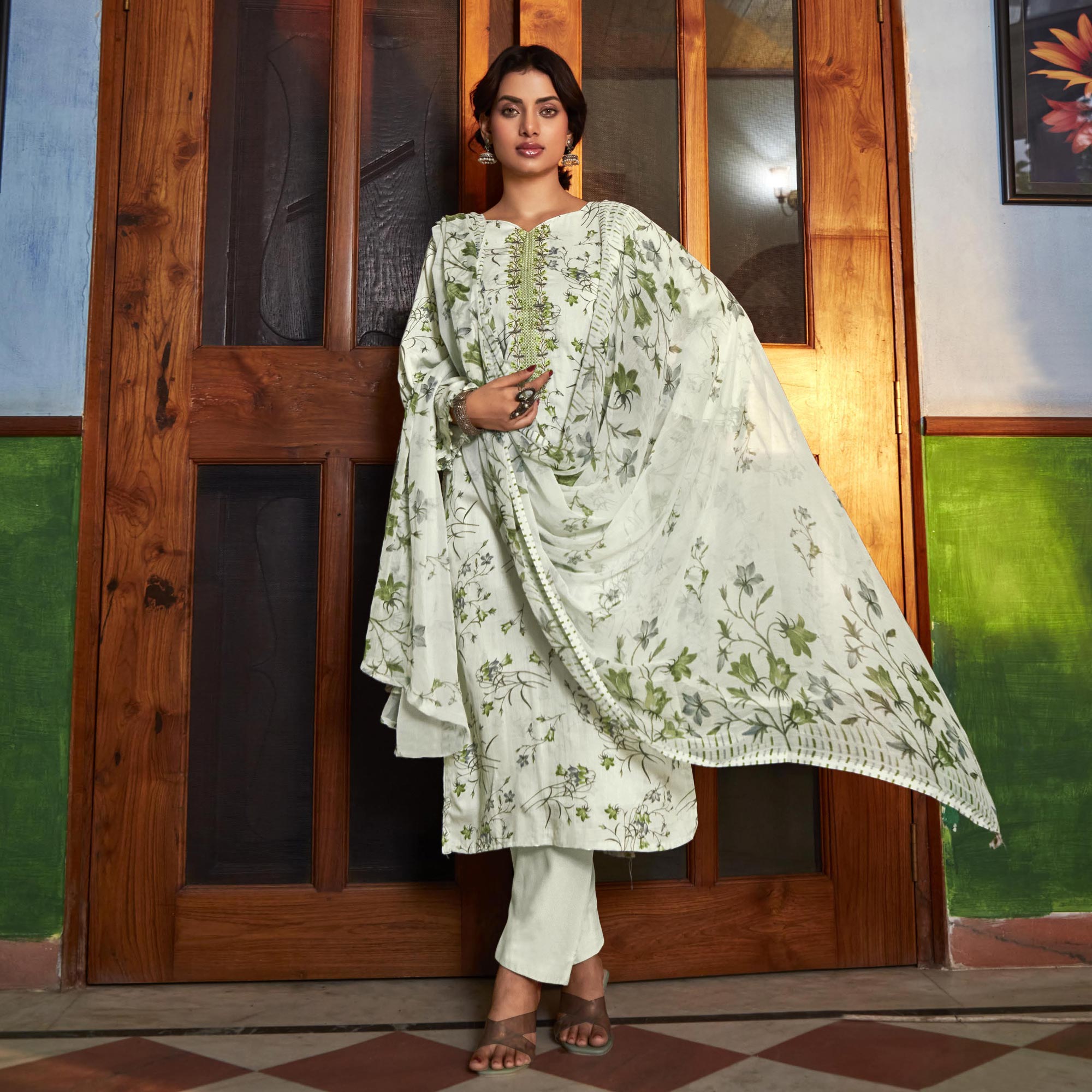 Green Printed With Embroidered Pure Cotton Suit