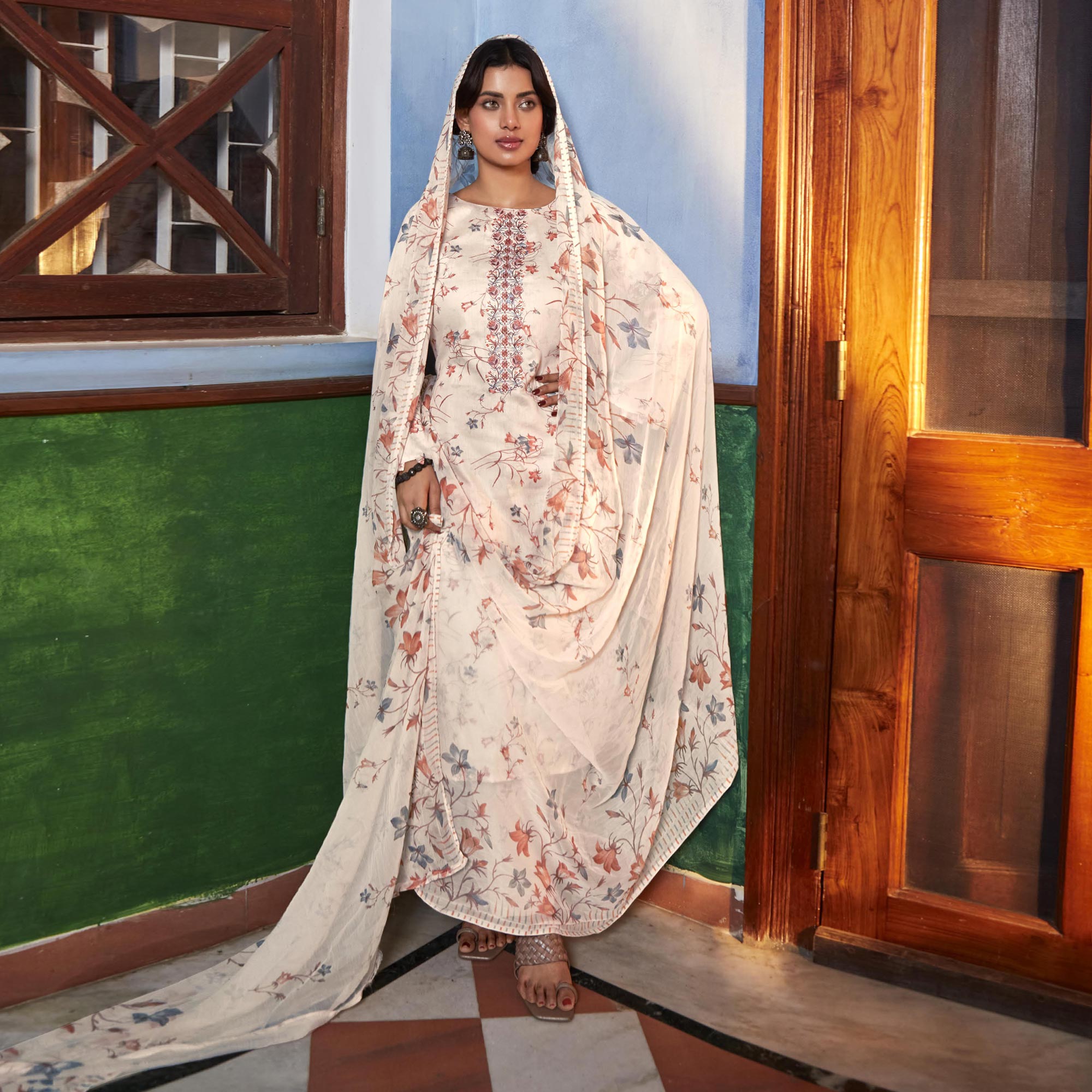 Cream Printed With Embroidered Pure Cotton Suit