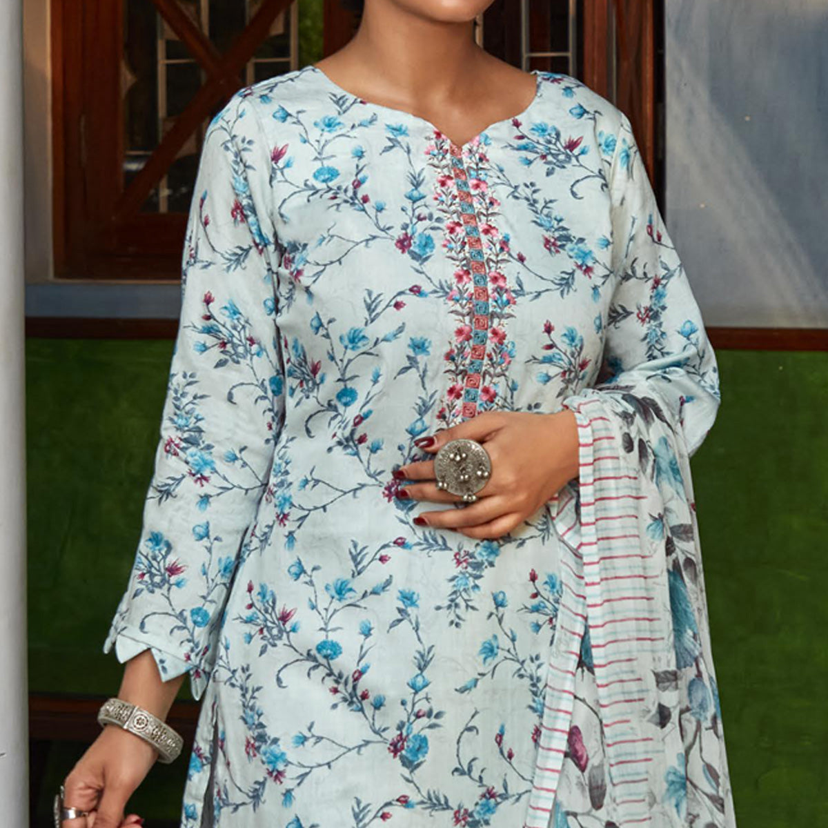 Blue Printed With Embroidered Pure Cotton Suit