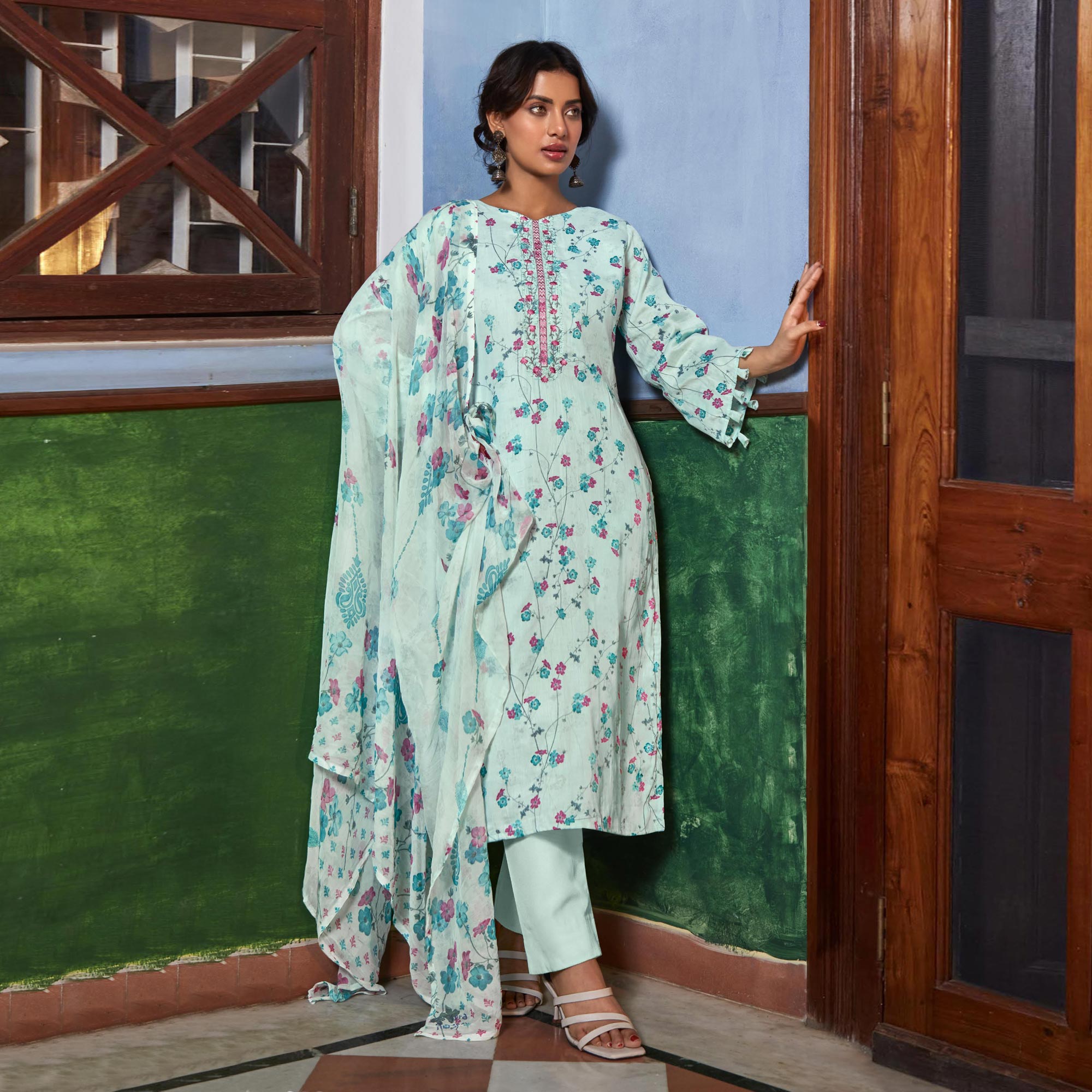 Turquoise Printed With Embroidered Pure Cotton Suit