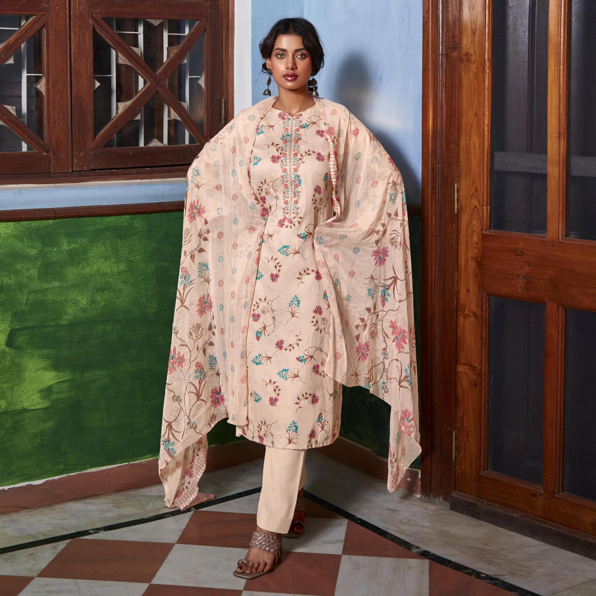 Peach Printed With Embroidered Pure Cotton Suit