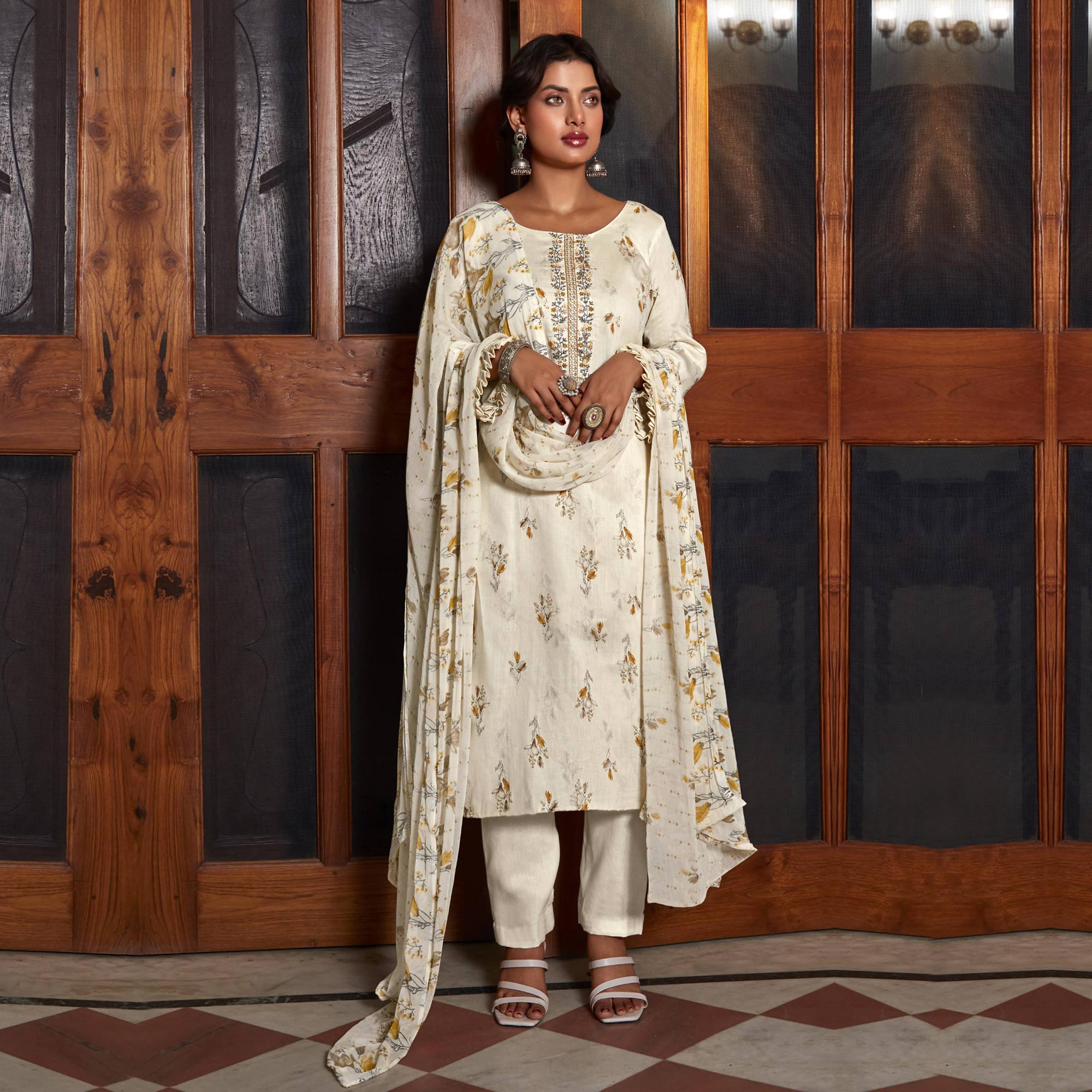 Cream Printed With Embroidered Pure Cotton Suit