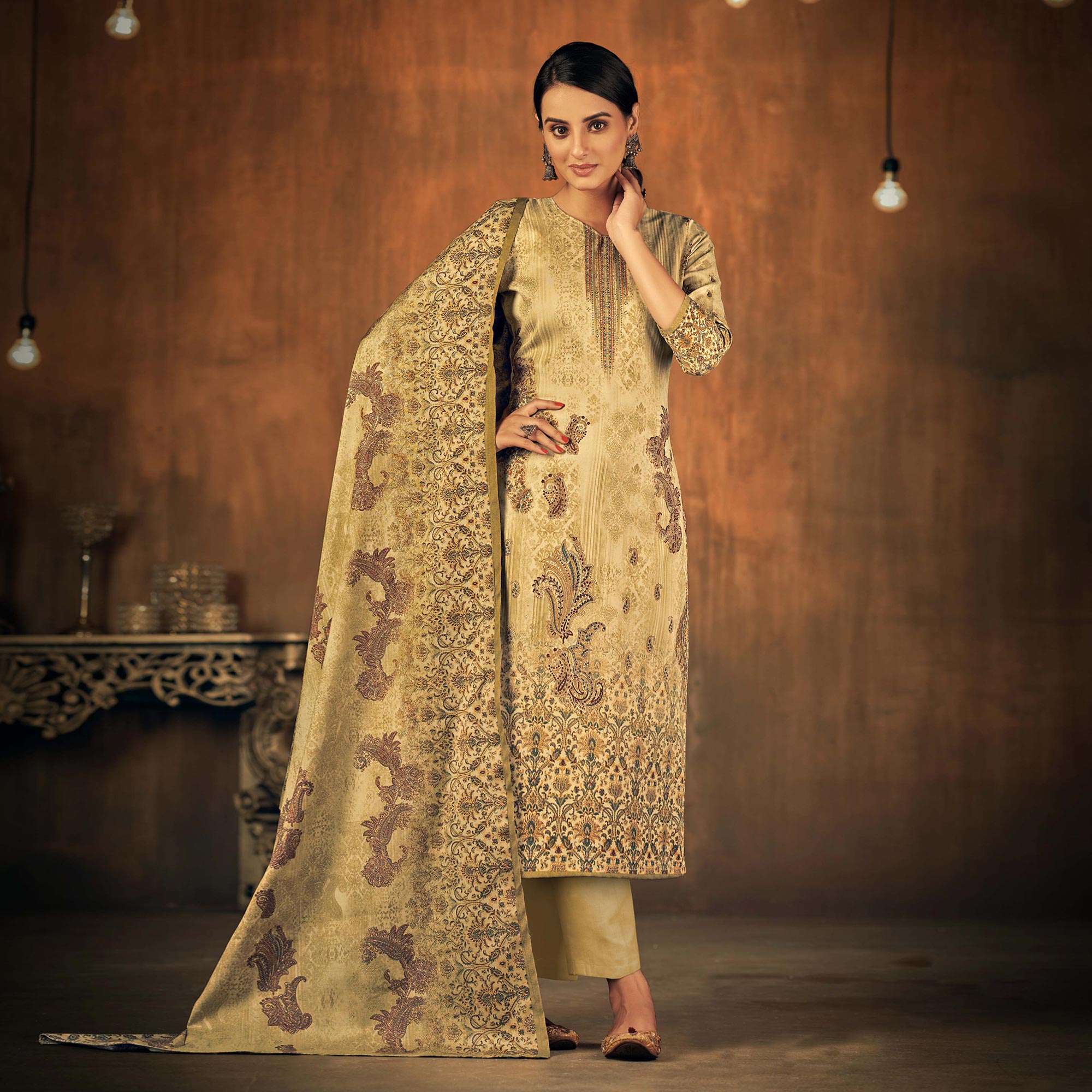 Chikoo Printed With Swarovski Work Pashmina Salwar Suit