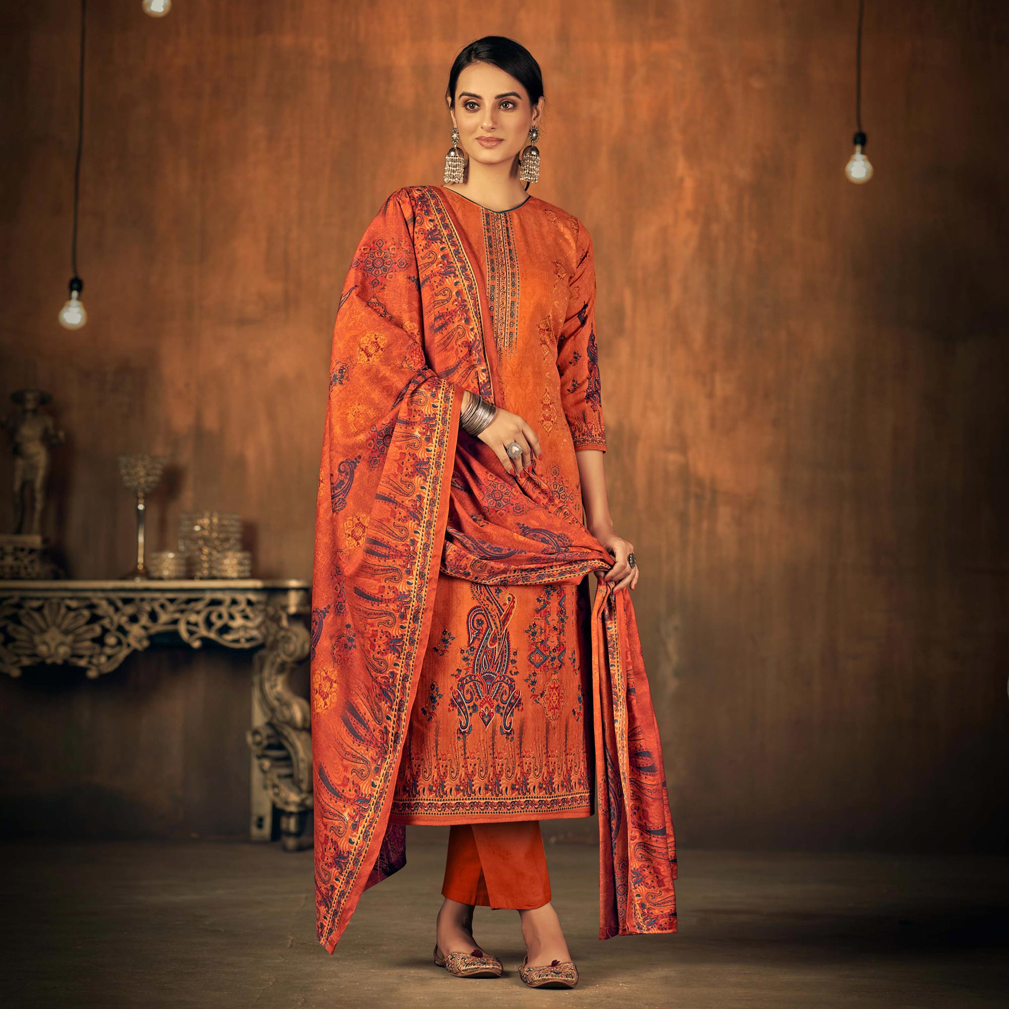 Orange Printed With Swarovski Work Pashmina Salwar Suit