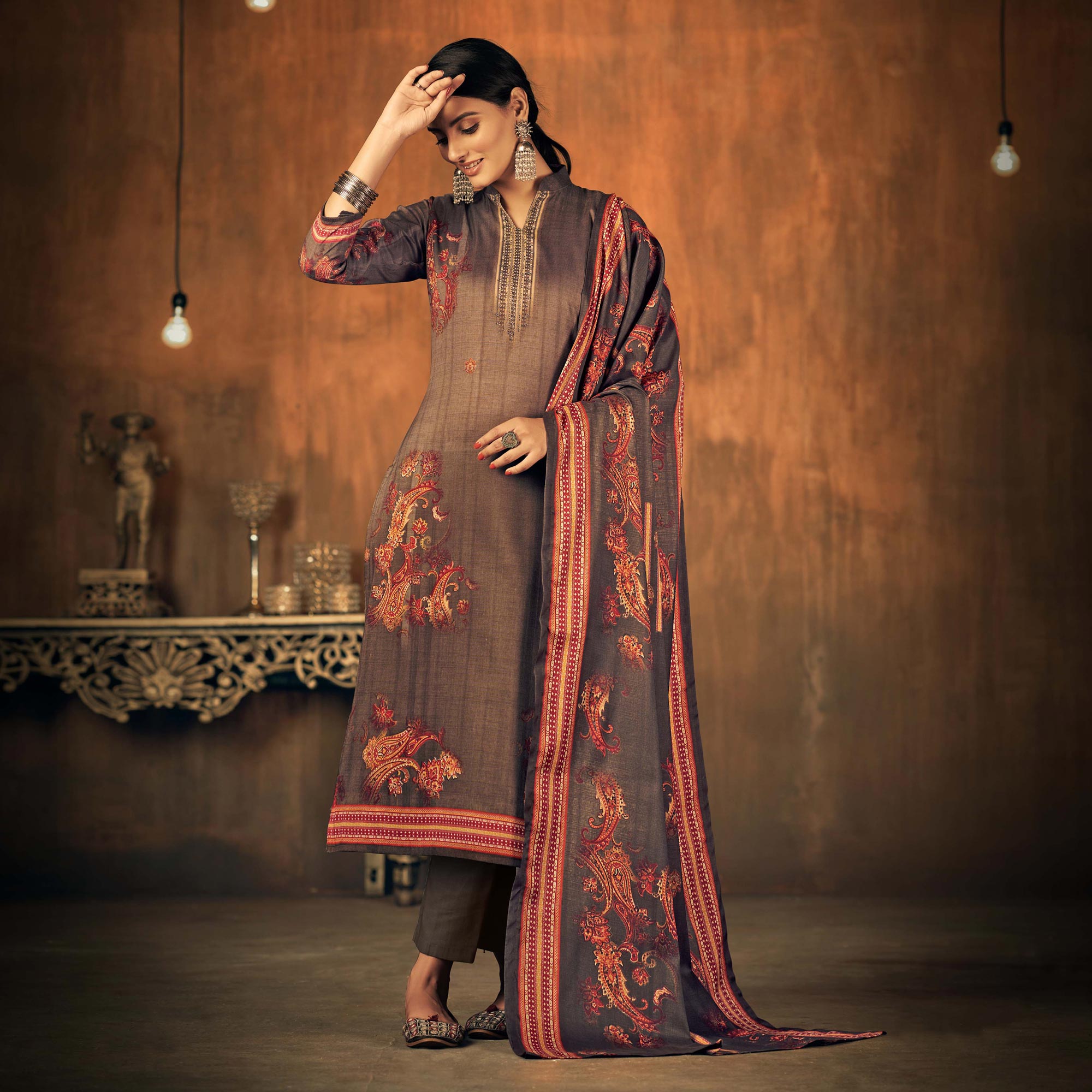 Brown Printed With Swarovski Work Pashmina Salwar Suit