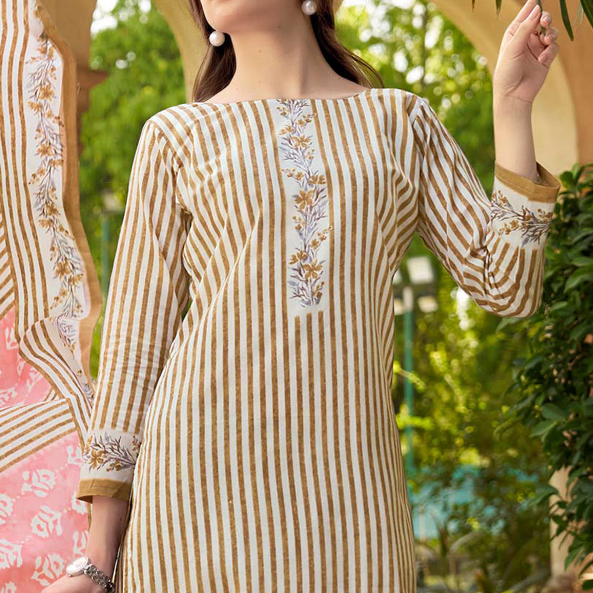 Beige Printed Pure Cotton Dress Material