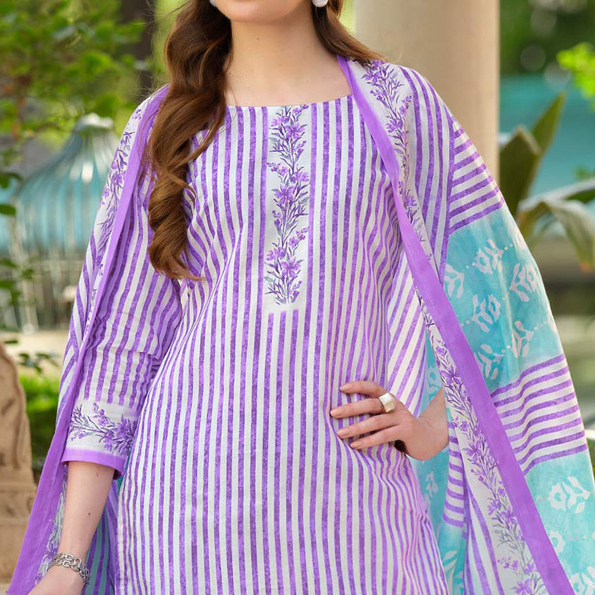 Purple Printed Pure Cotton Dress Material