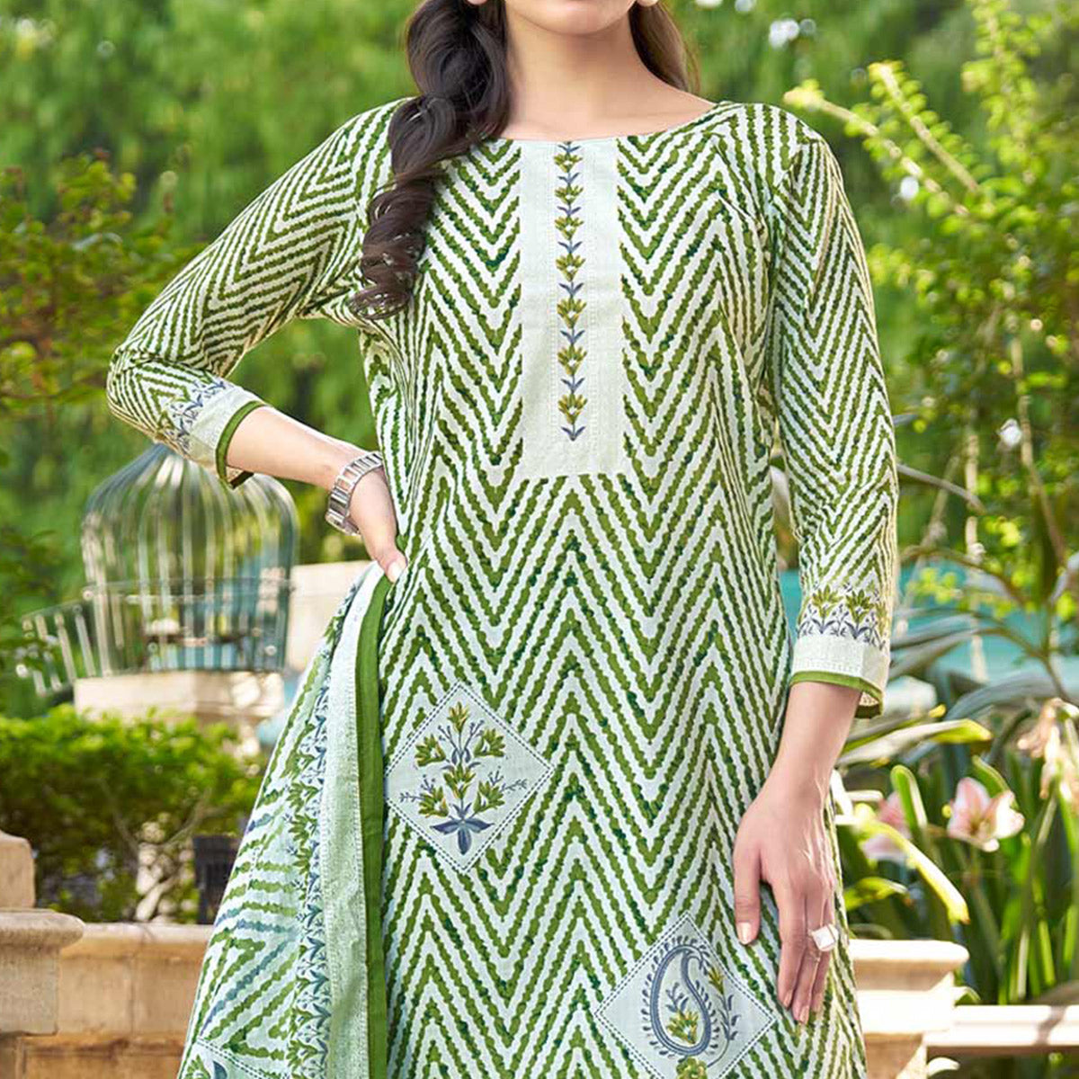 Green Printed Pure Cotton Dress Material