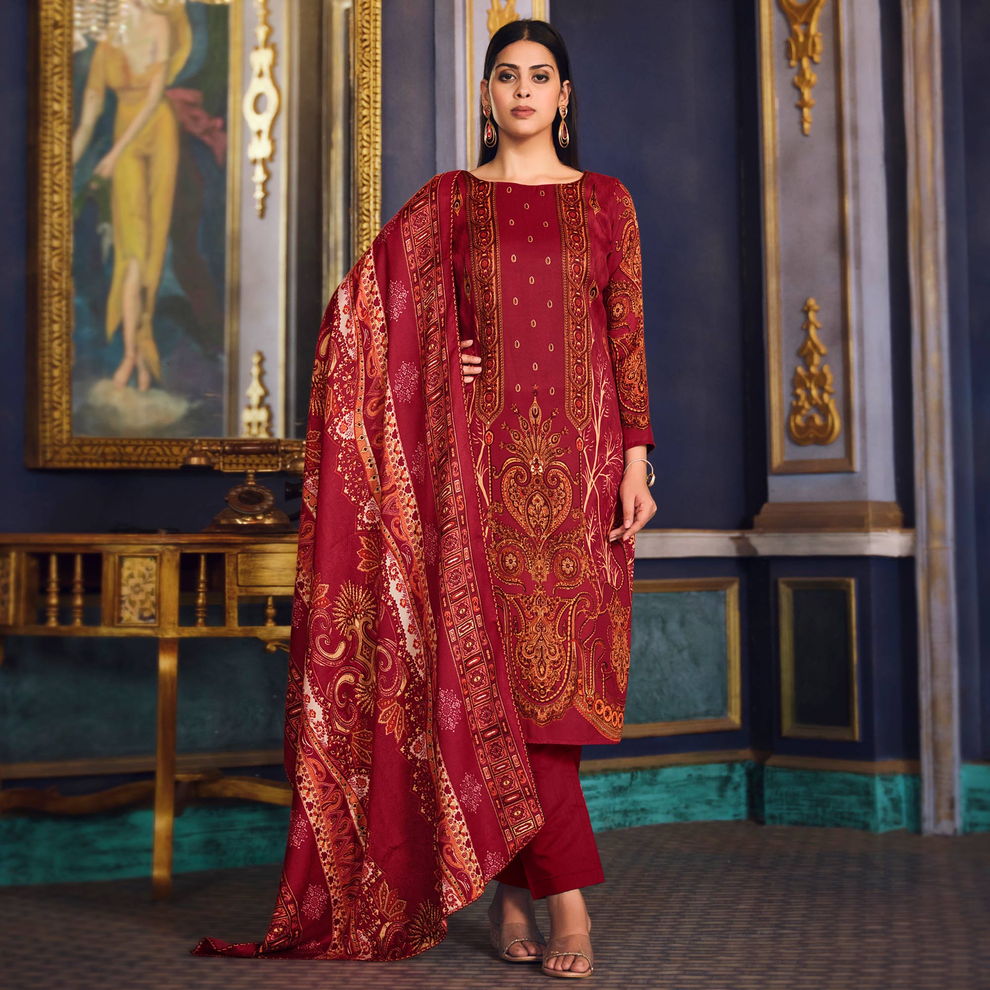 Red Digital Printed Pashmina Woolen Suit