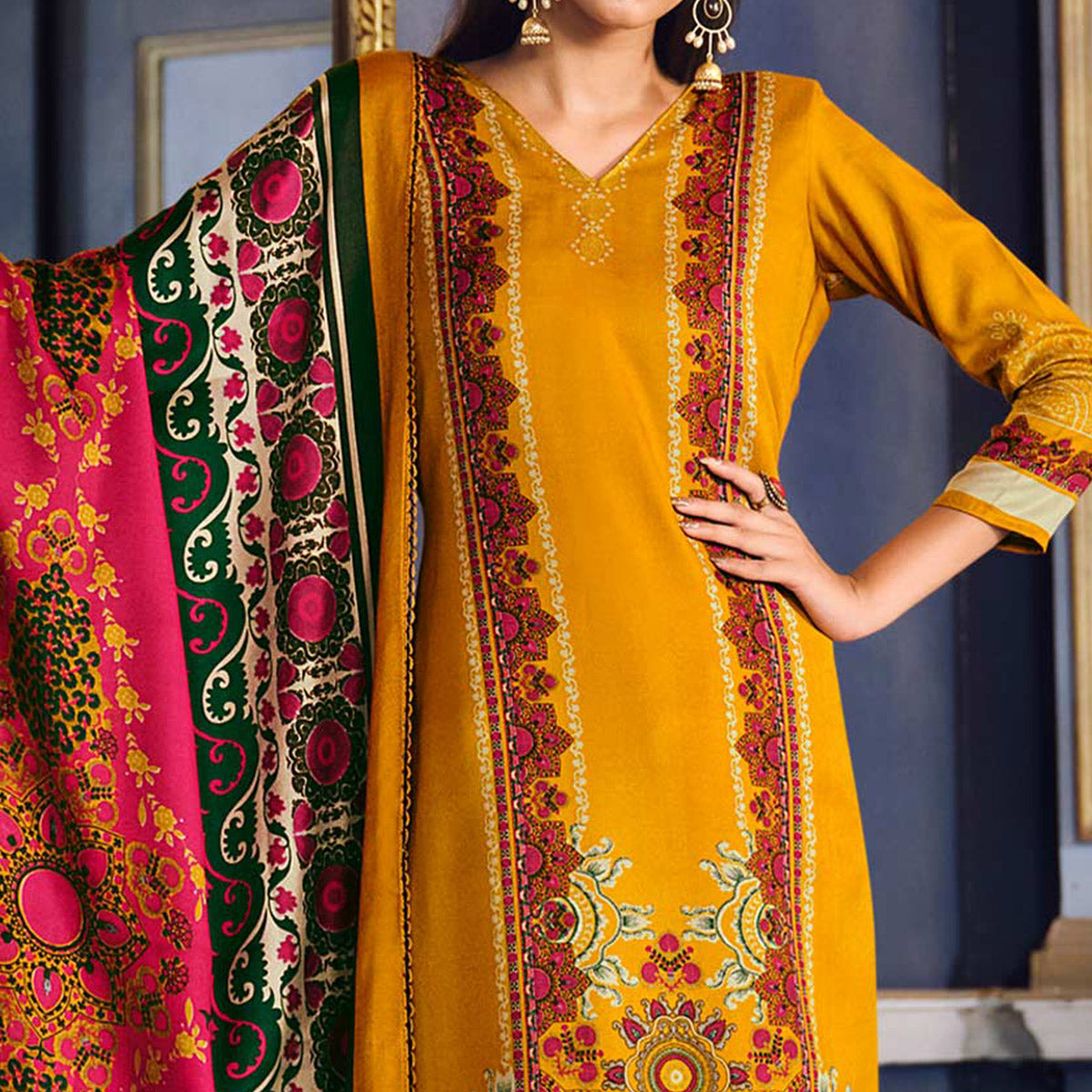 Yellow Digital Printed Pashmina Woolen Suit