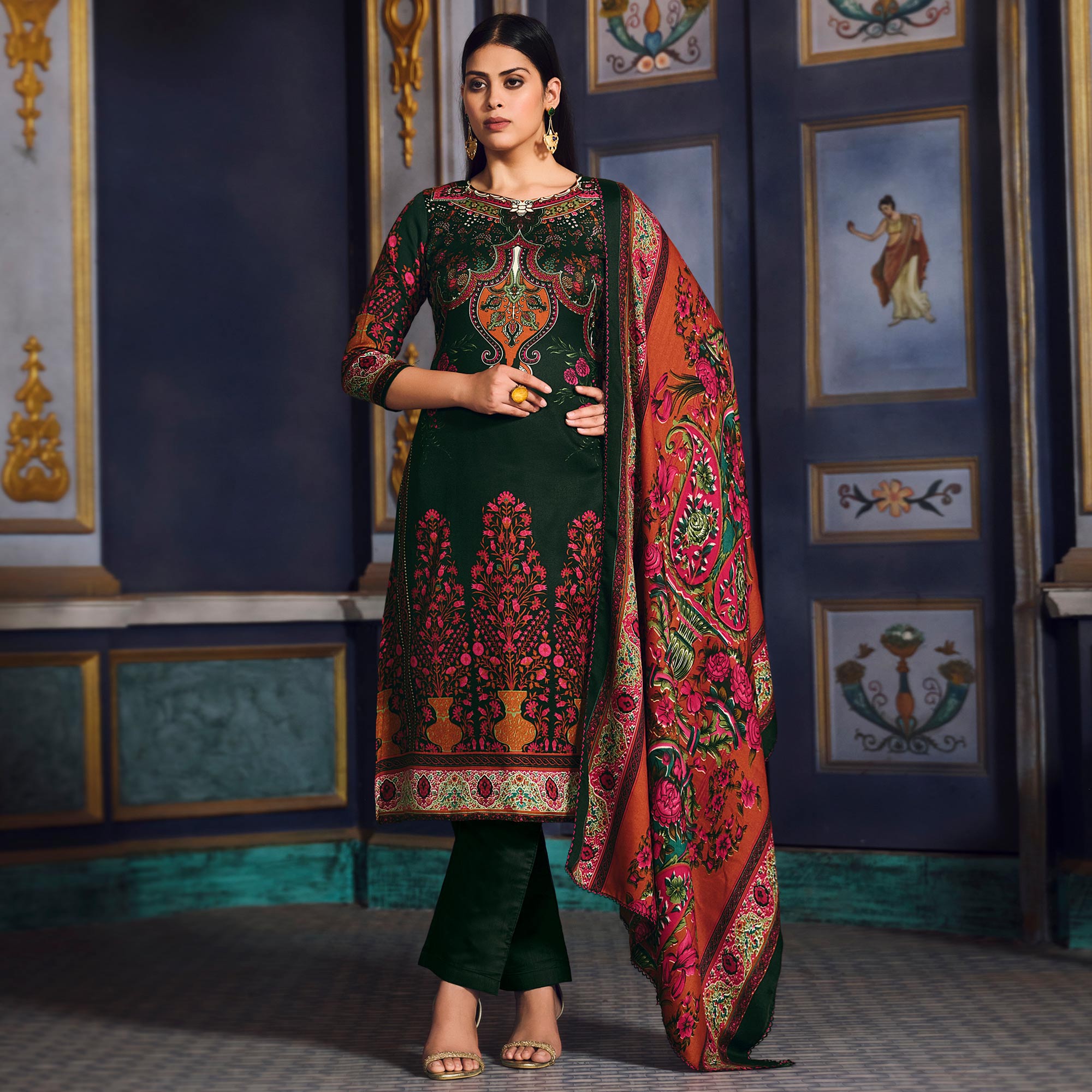 Green Digital Printed Pashmina Woolen Suit
