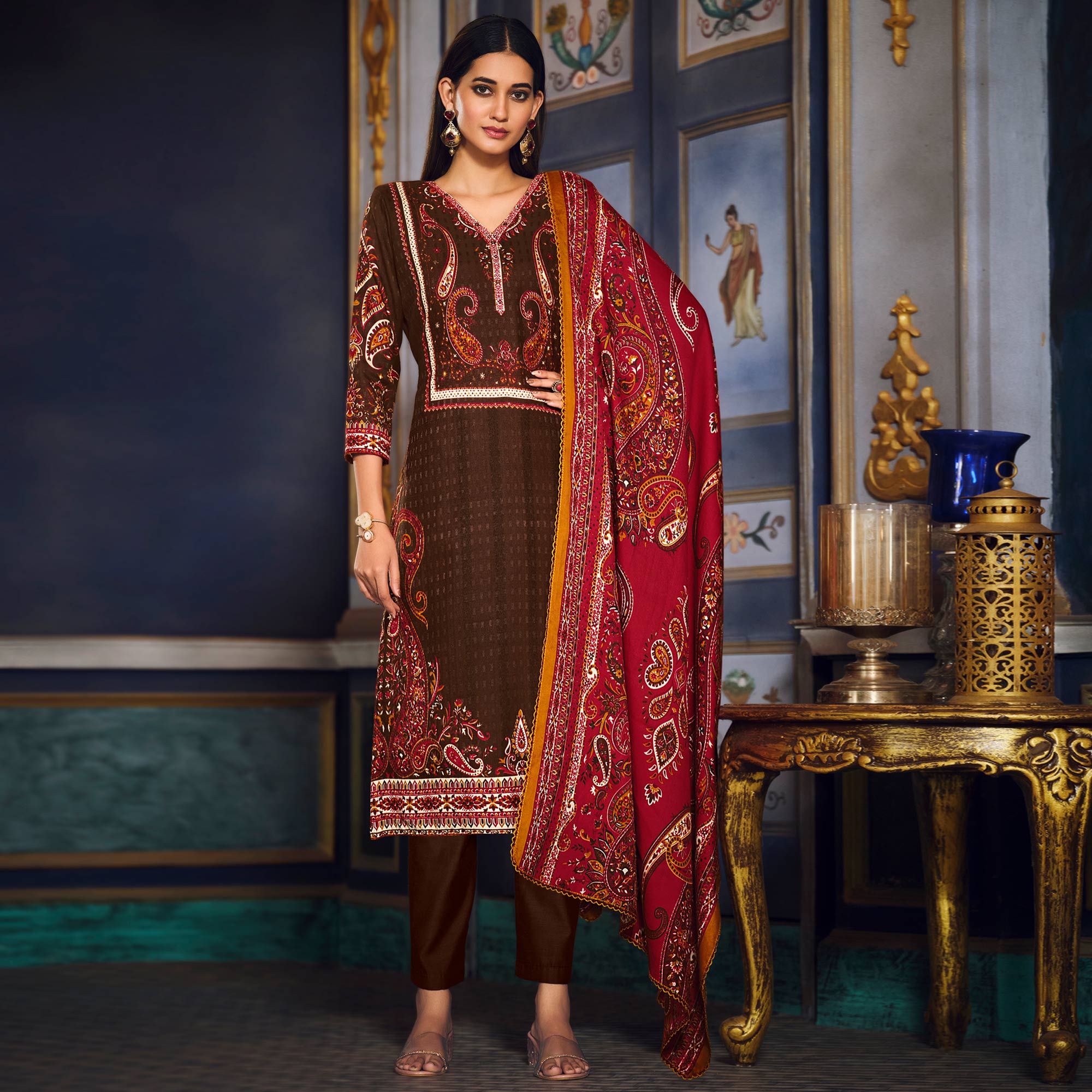 Brown Digital Printed Pashmina Woolen Suit