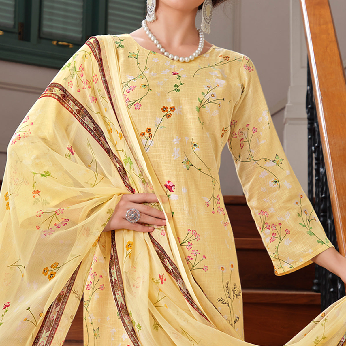 Yellow Floral Digital Printed Pure Cotton Salwar Suit