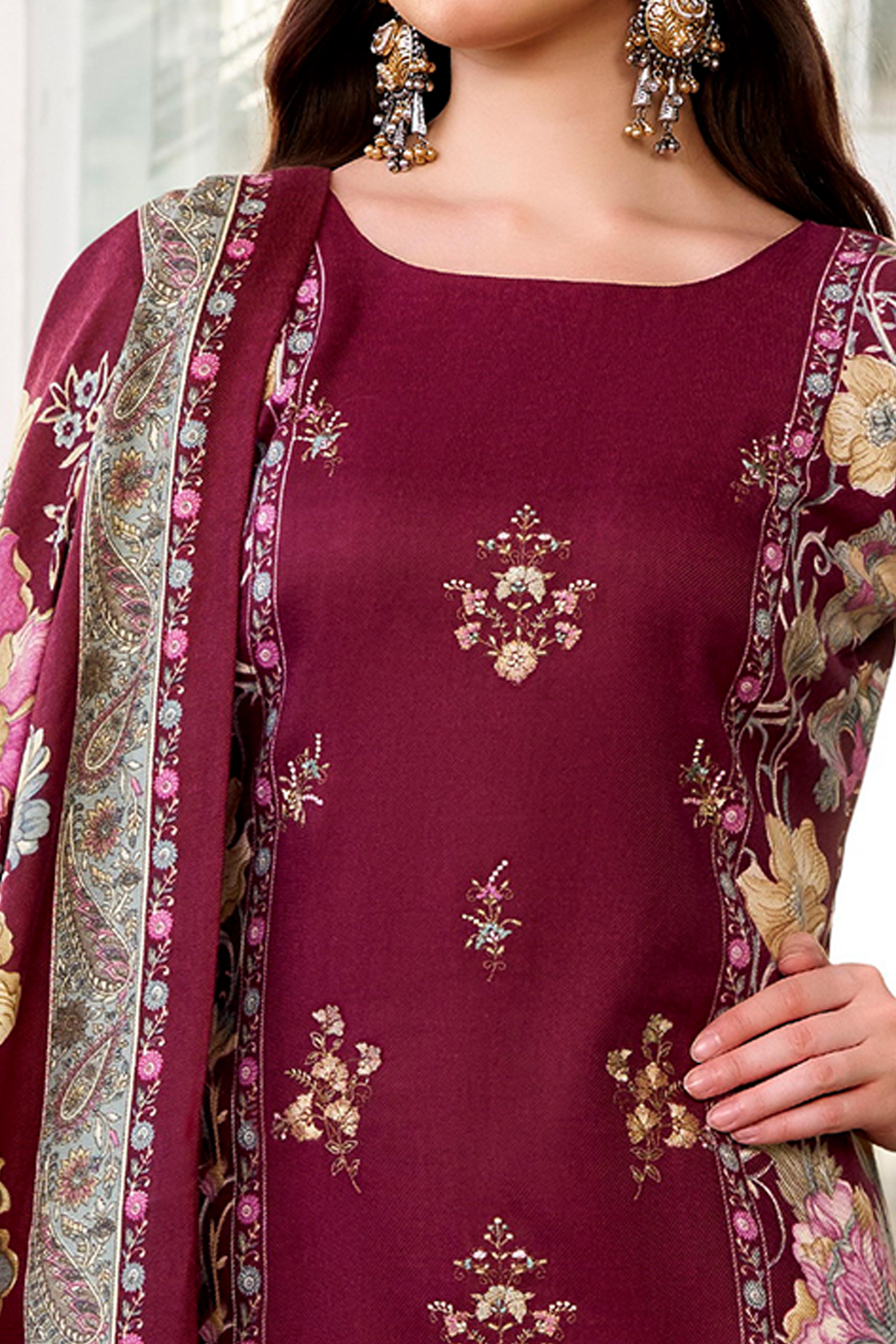 Maroon Floral Printed Pure Wool Pashmina Suit Material Ideal for Winter Fashion