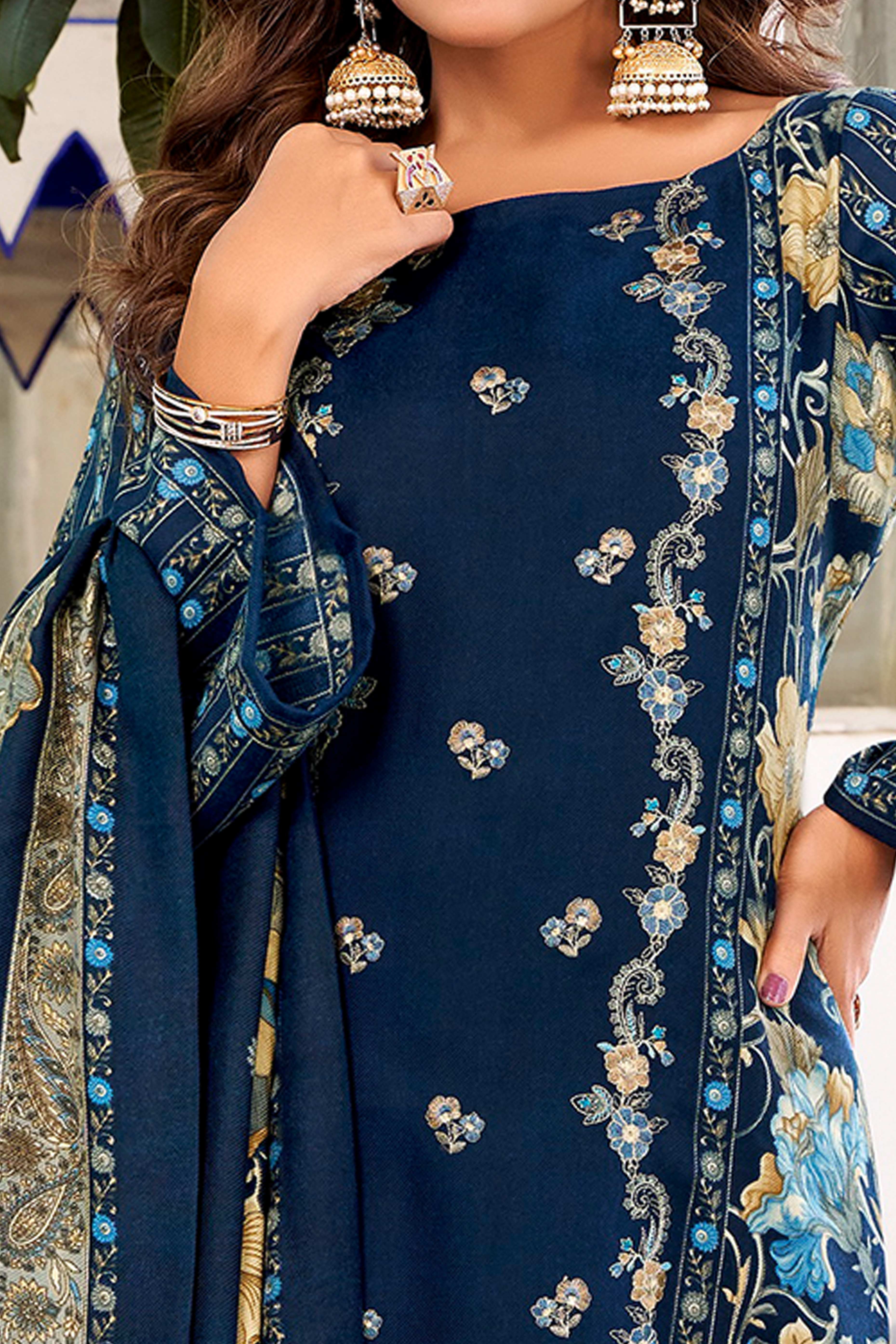Navy Blue Floral Printed Pure Wool Pashmina Suit Material Ideal for Winter Fashion