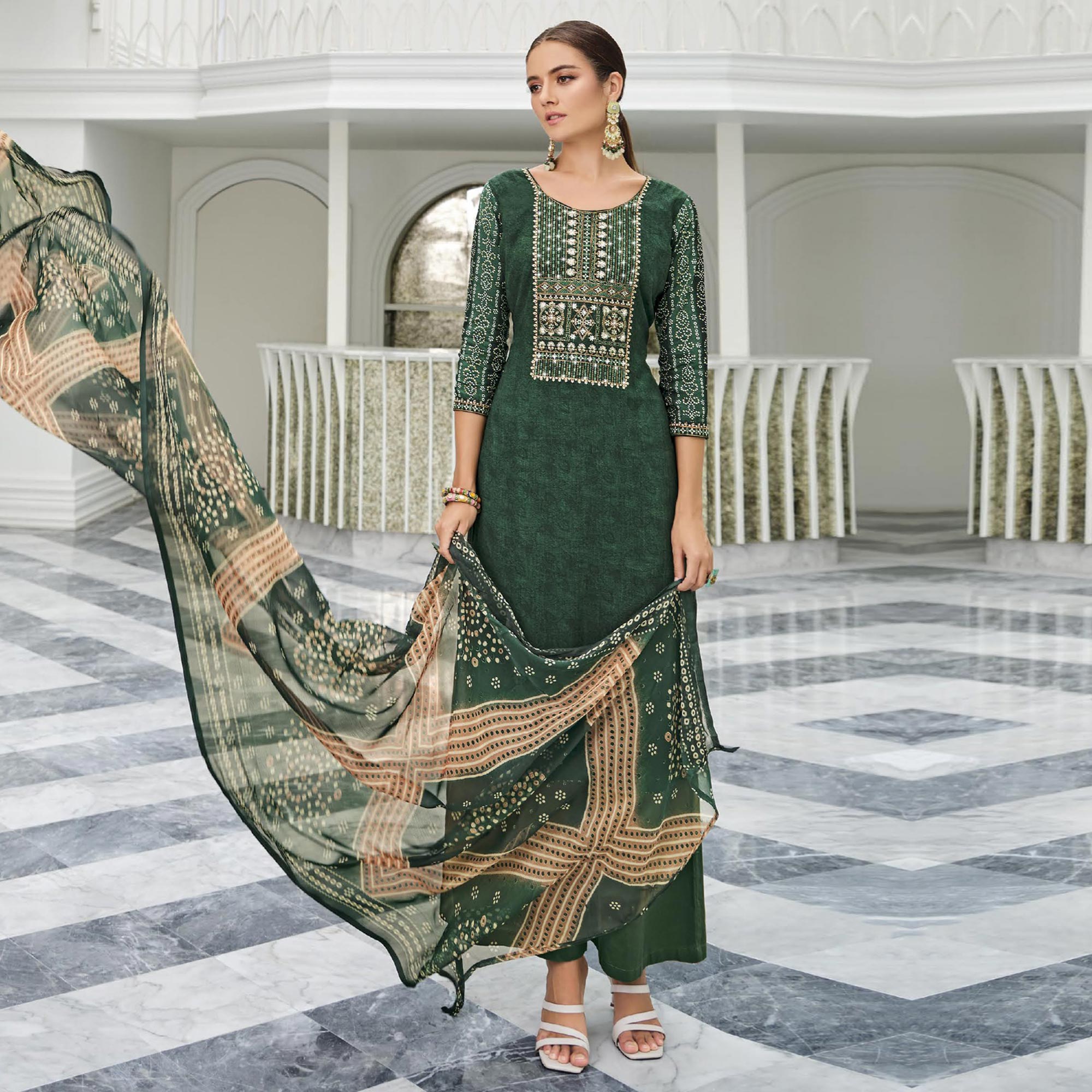 Green Printed With Embroidered Rayon Suit