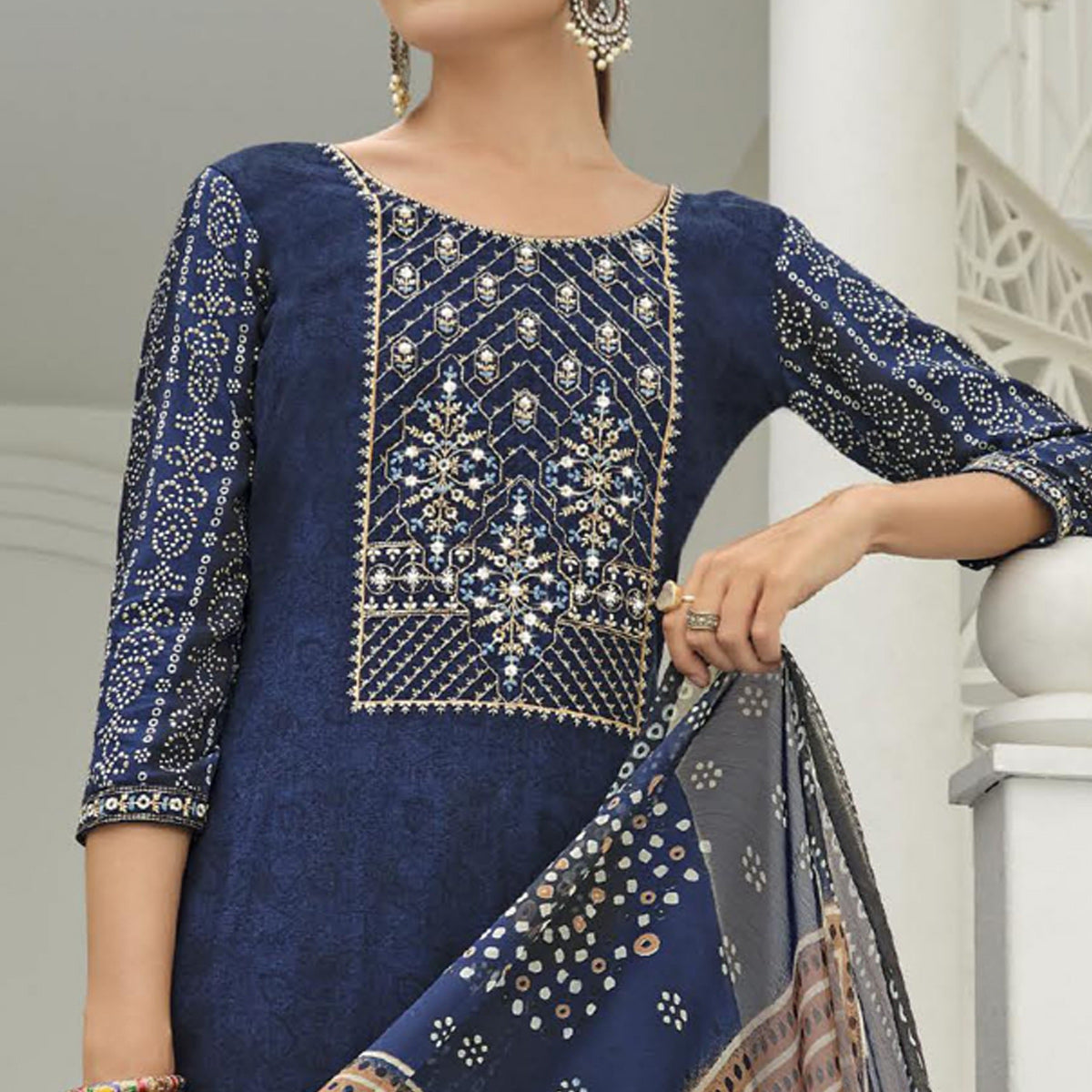 Blue Printed With Embroidered Rayon Suit