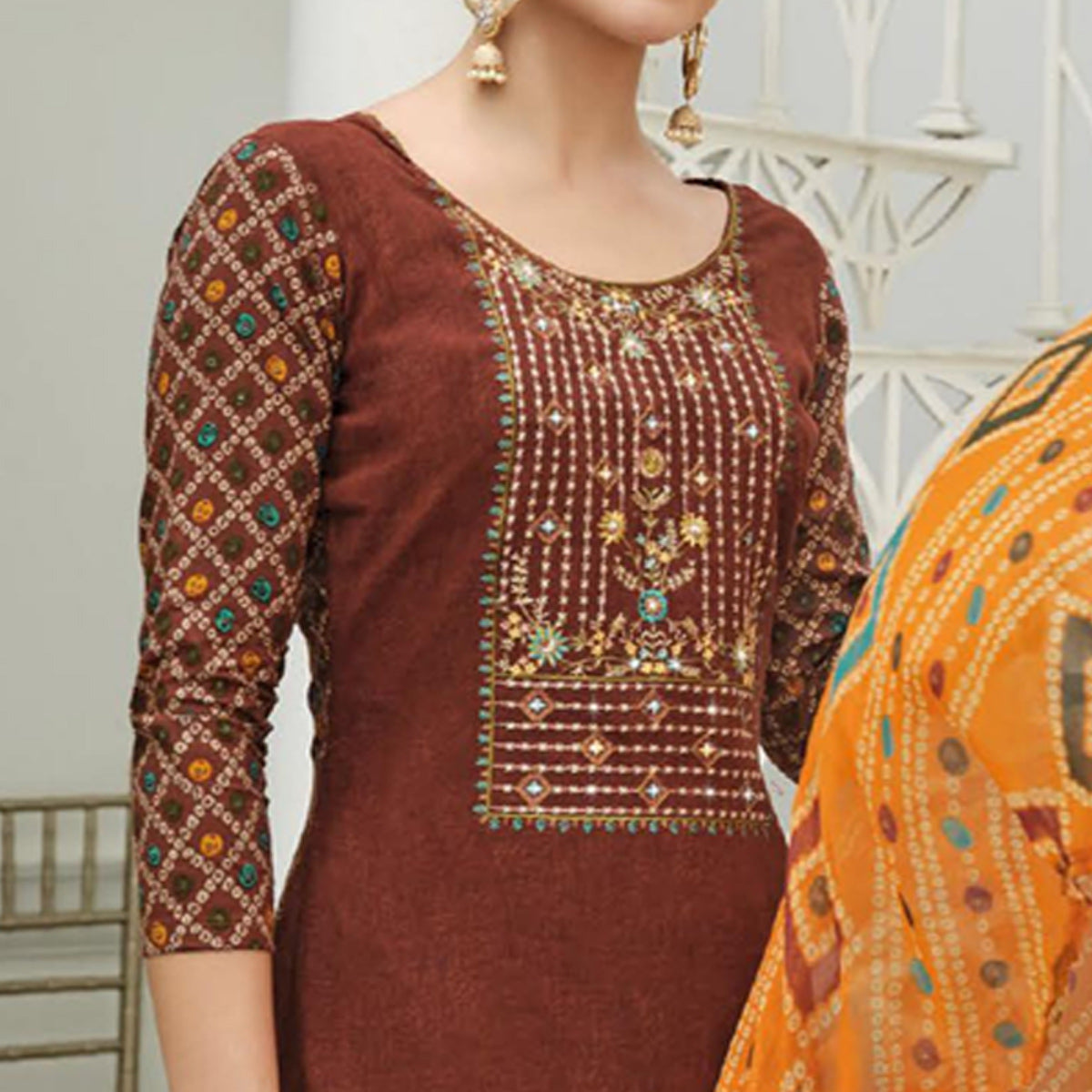 Rust Printed With Embroidered Rayon Suit