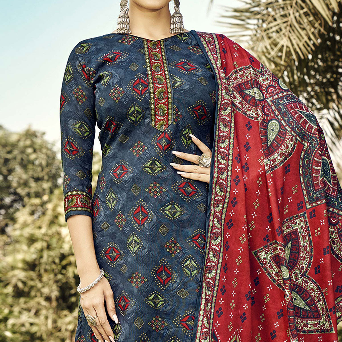 Blue Printed Pashmina Suit