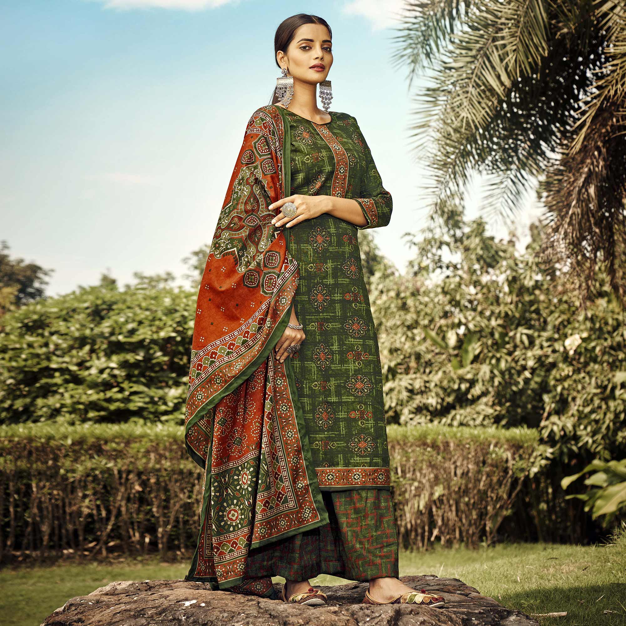 Green Printed Pashmina Suit