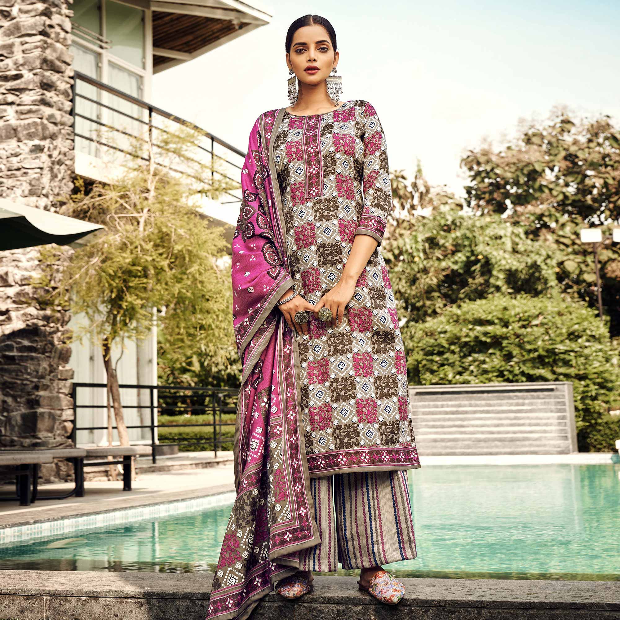 Multicolor Printed Pashmina Suit