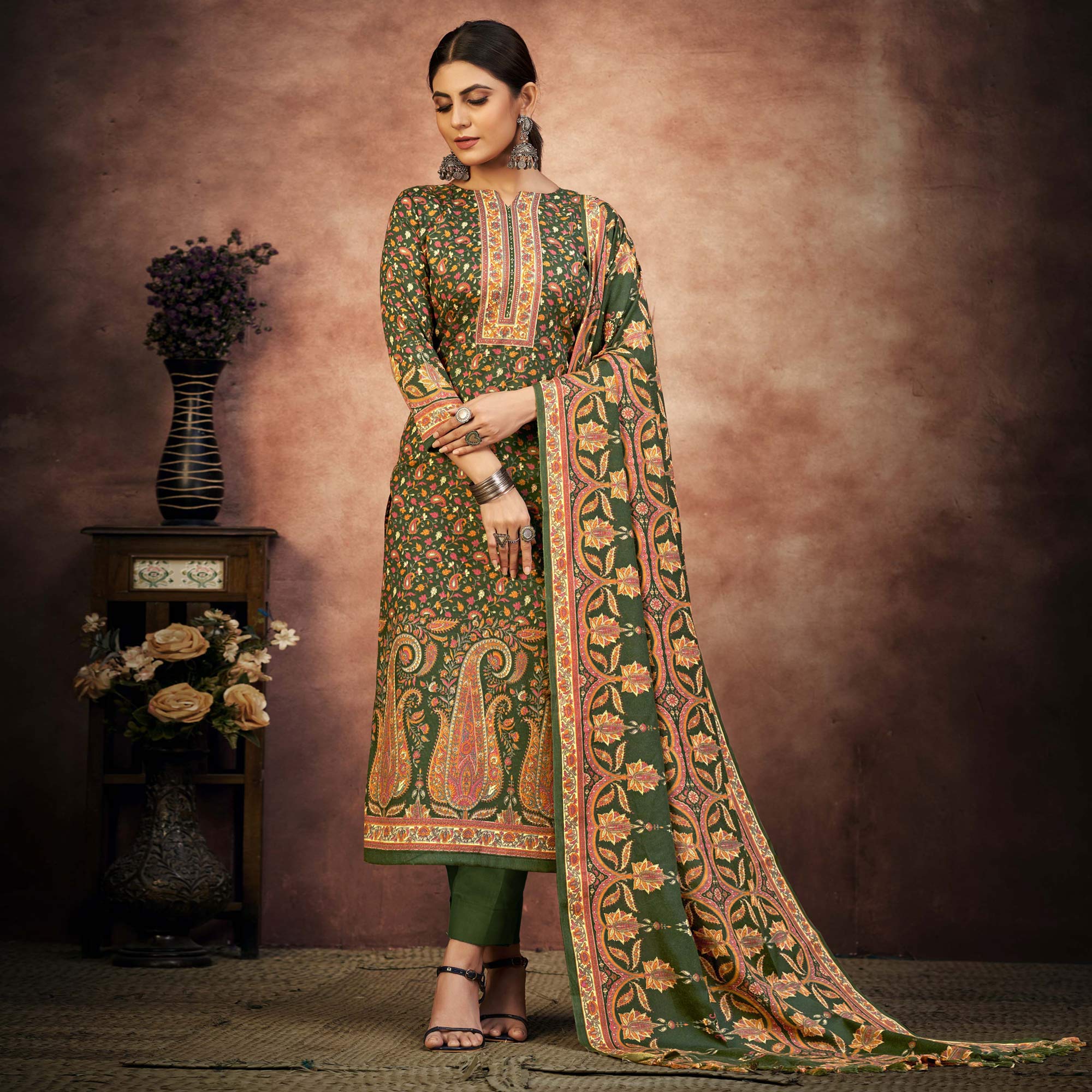 Green Floral Printed With Swarovski Work Pashmina Suit
