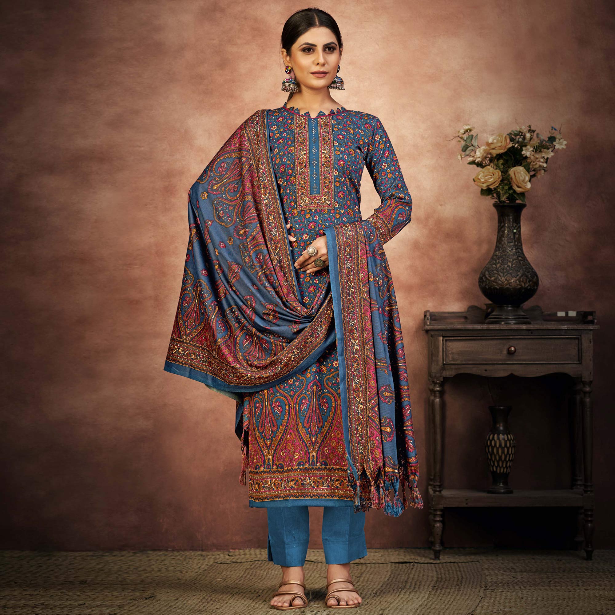 Blue Floral Printed With Swarovski Work Pashmina Suit