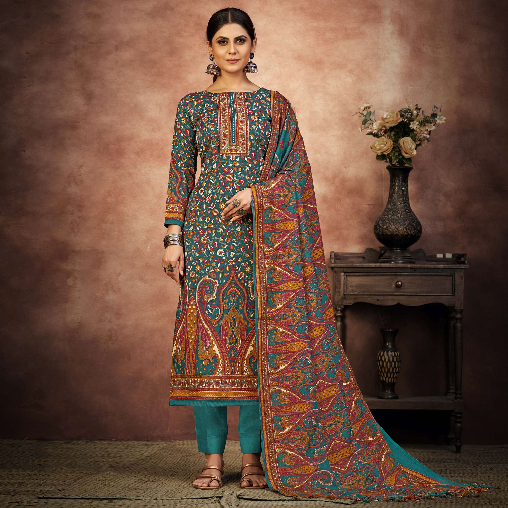 Rama Blue Floral Printed With Swarovski Work Pashmina Suit