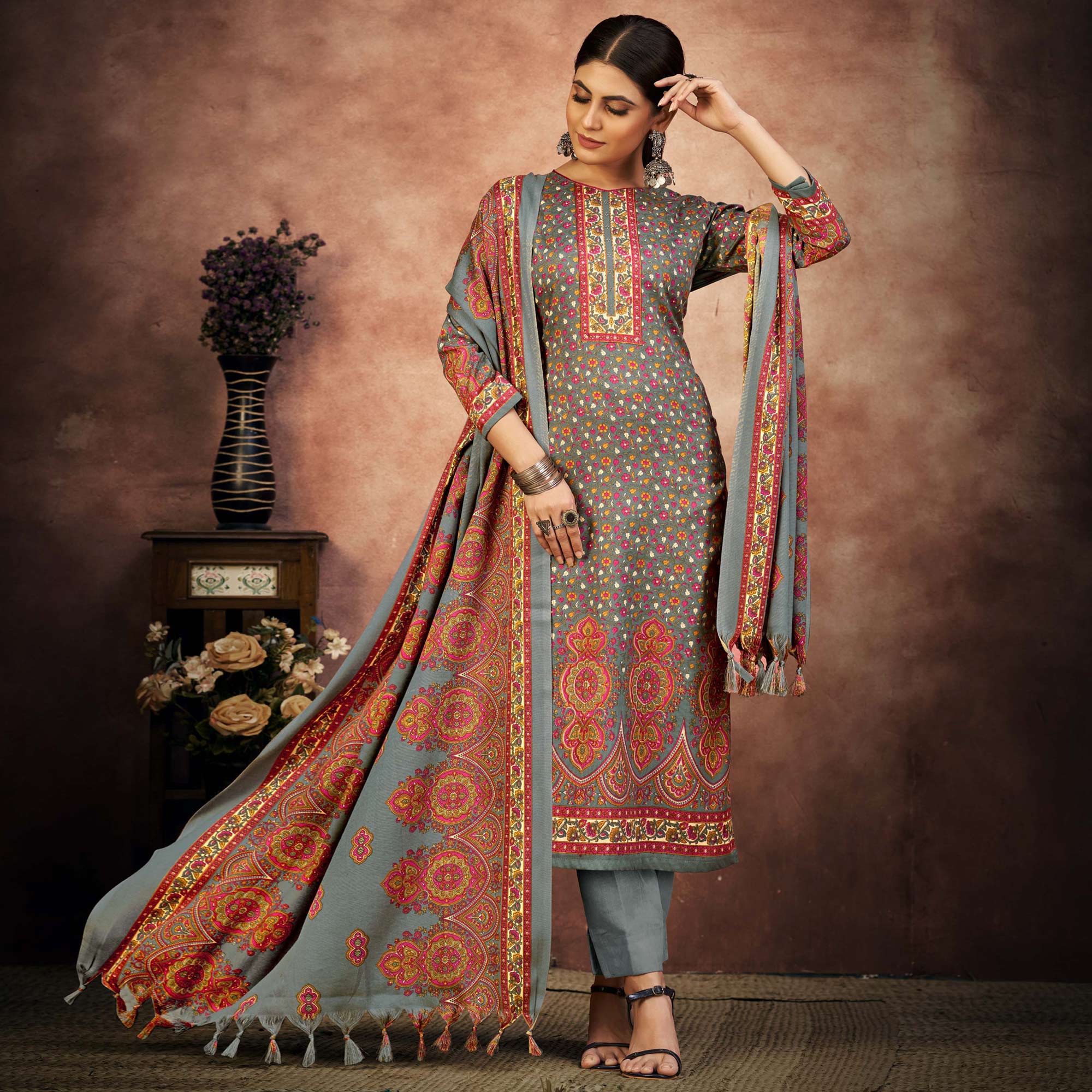 Grey Floral Printed With Swarovski Work Pashmina Suit
