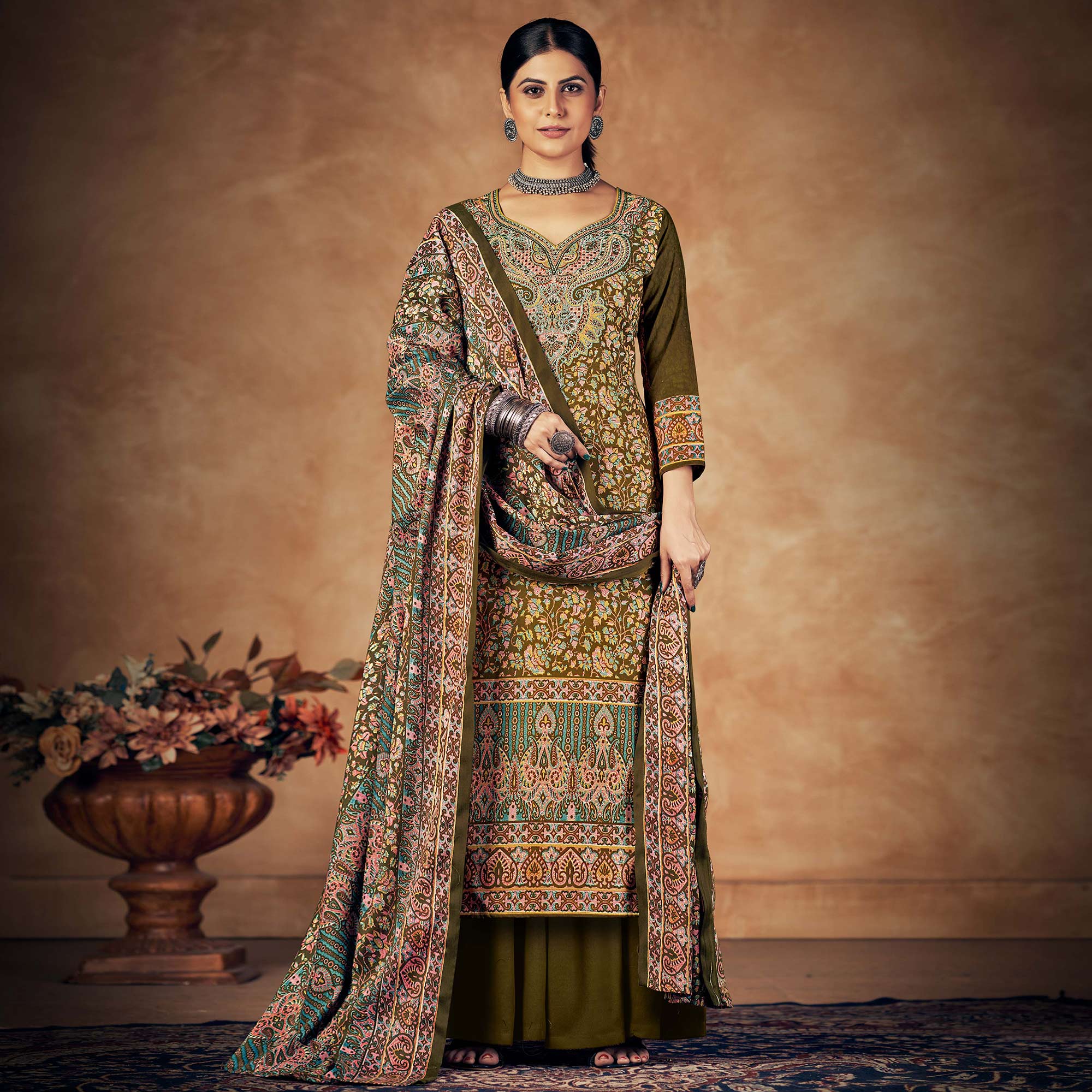 Mehandi Green Floral Printed Pashmina Woolen Suit