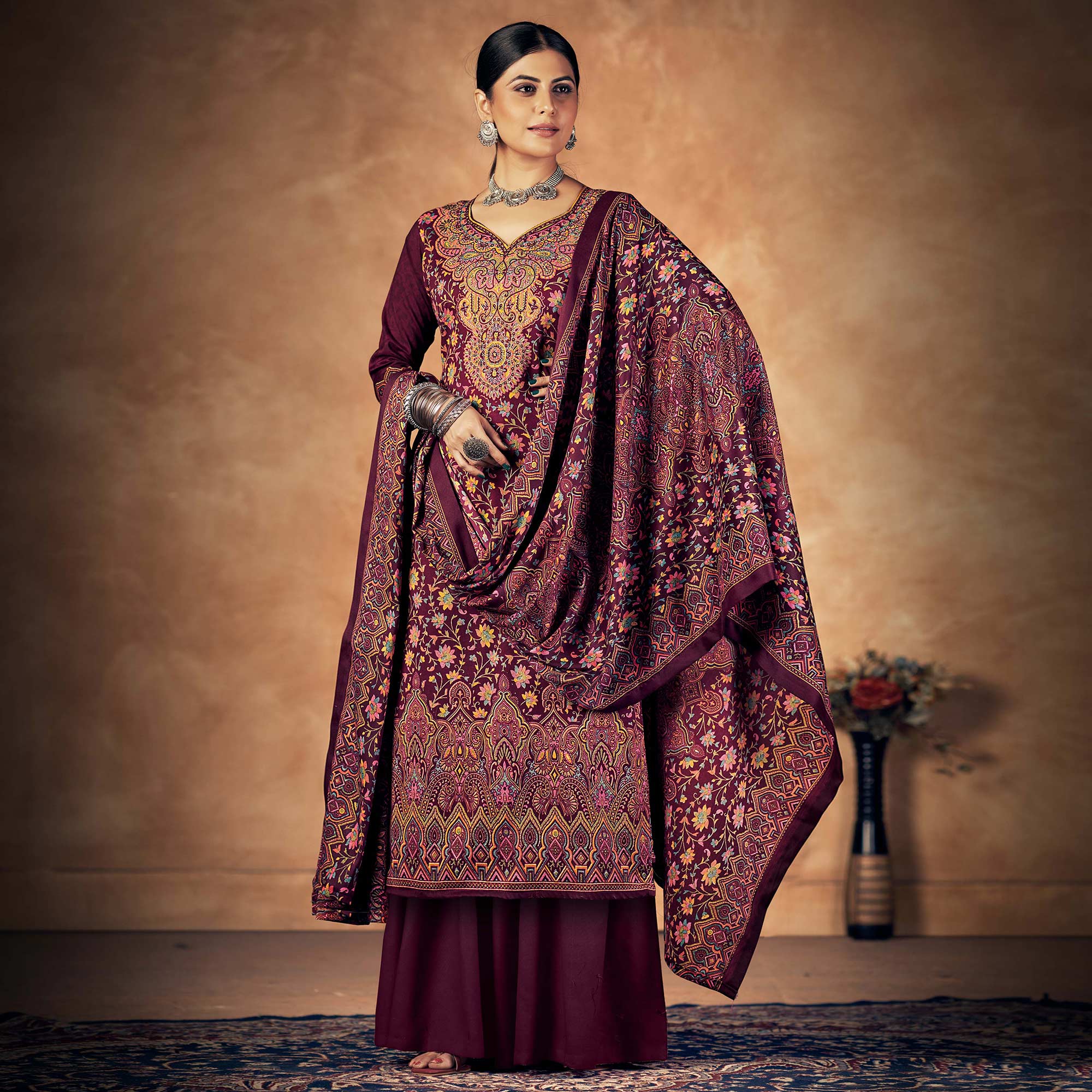Wine Floral Printed Pashmina Woolen Suit