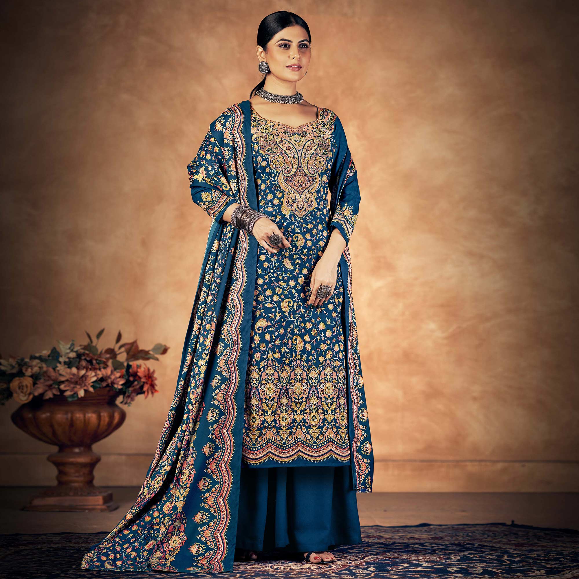 Blue Floral Printed Pashmina Woolen Suit