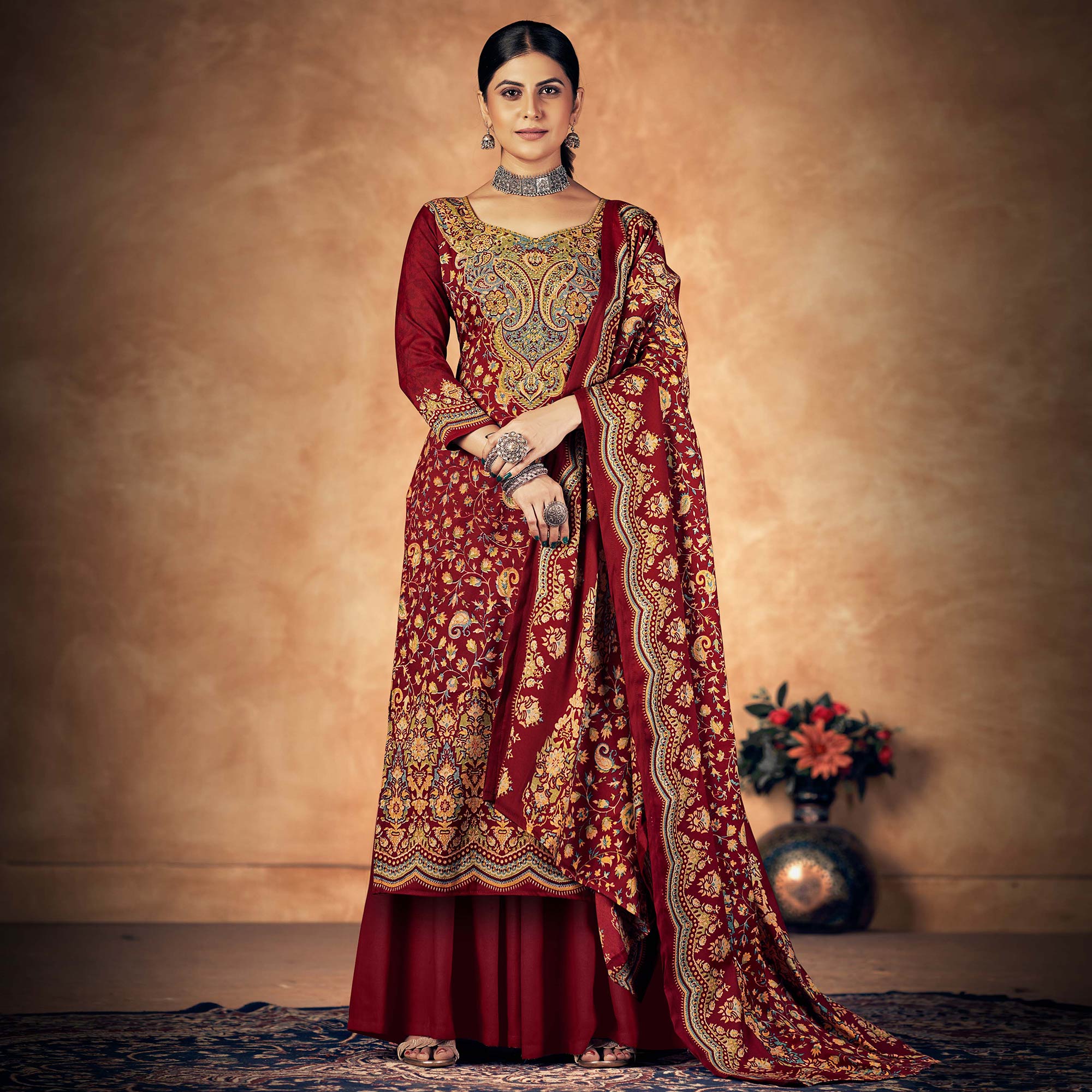 Maroon Floral Printed Pashmina Woolen Suit