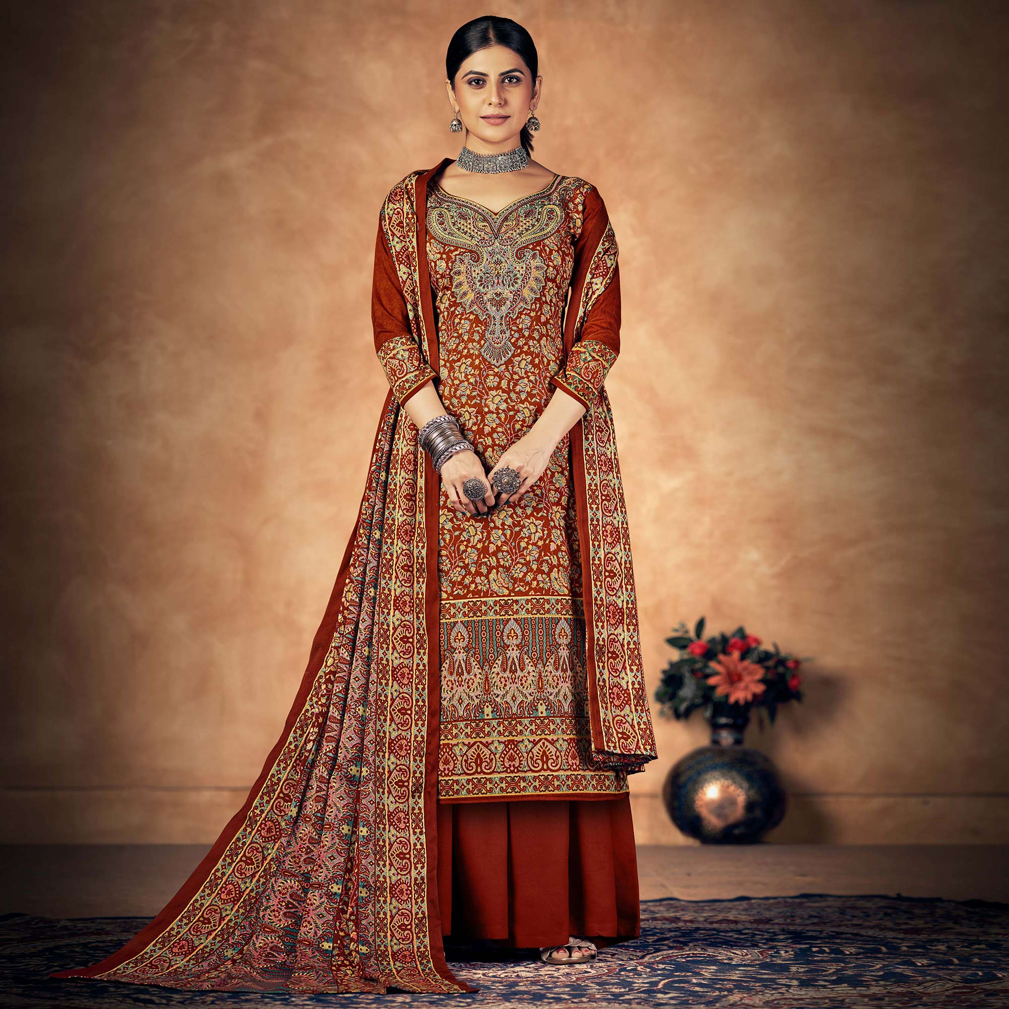 Rustic Red Floral Printed Pashmina Woolen Suit