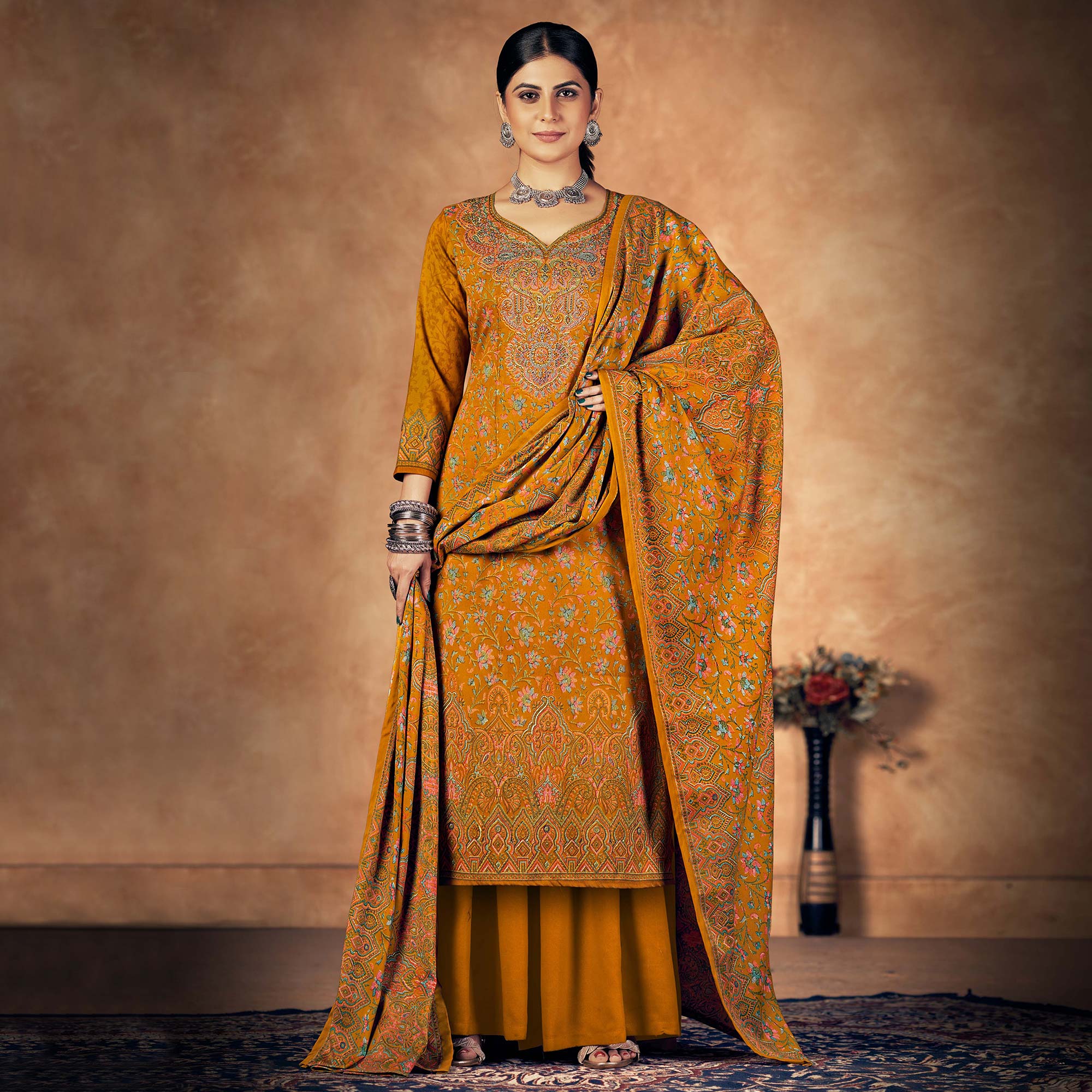 Mustard Floral Printed Pashmina Woolen Suit