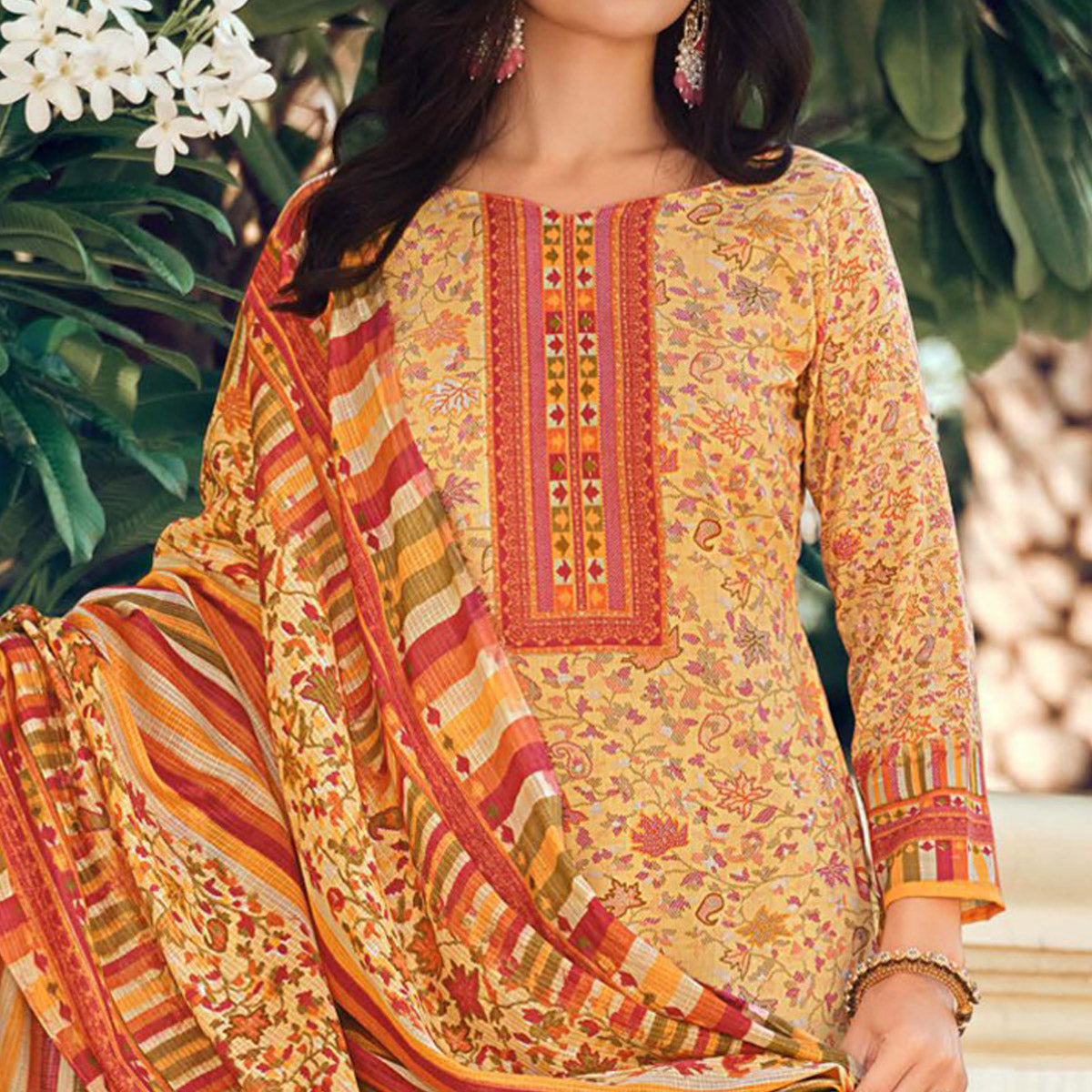 Orange Floral Printed Pure Cotton Suit