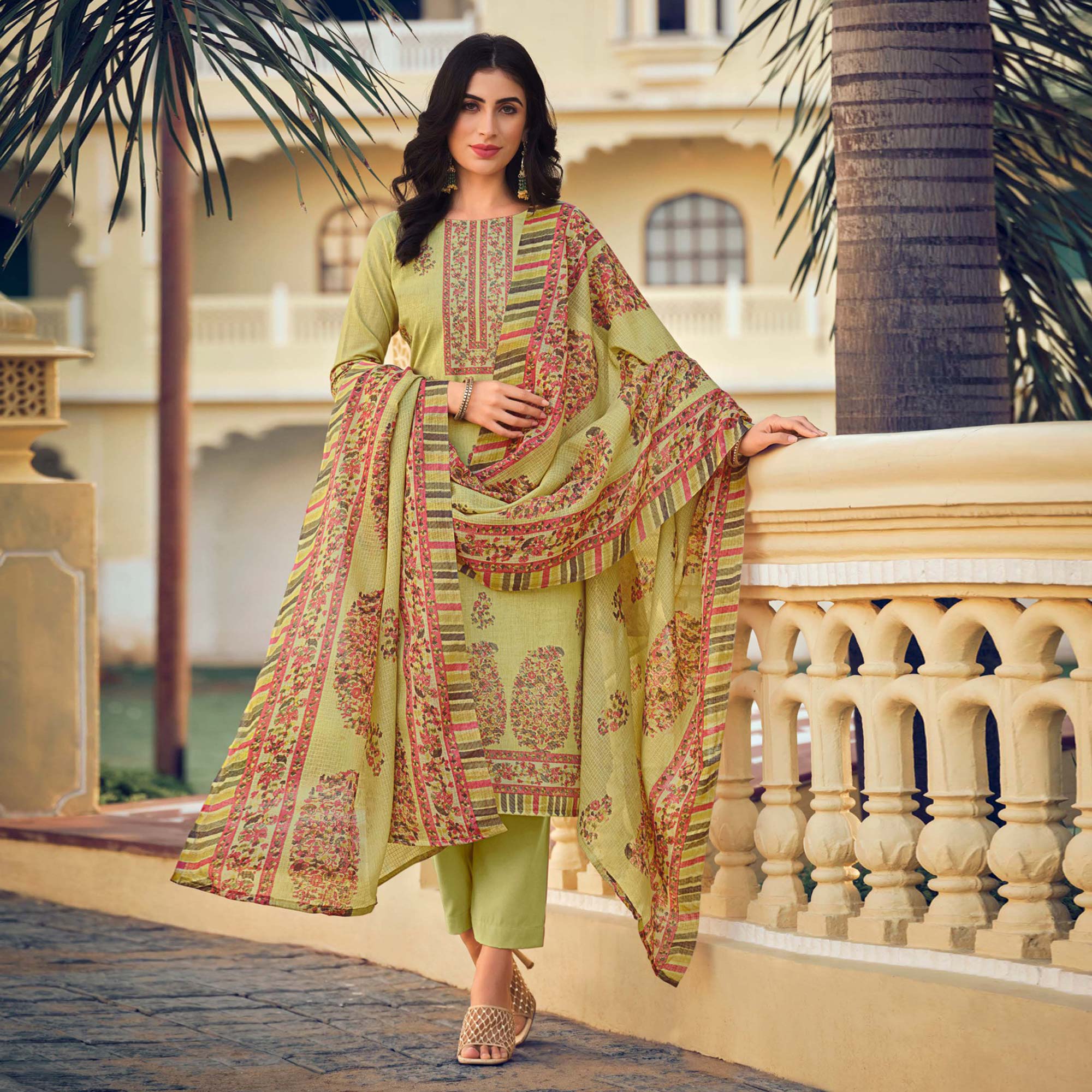 Green Floral Printed Pure Cotton Suit