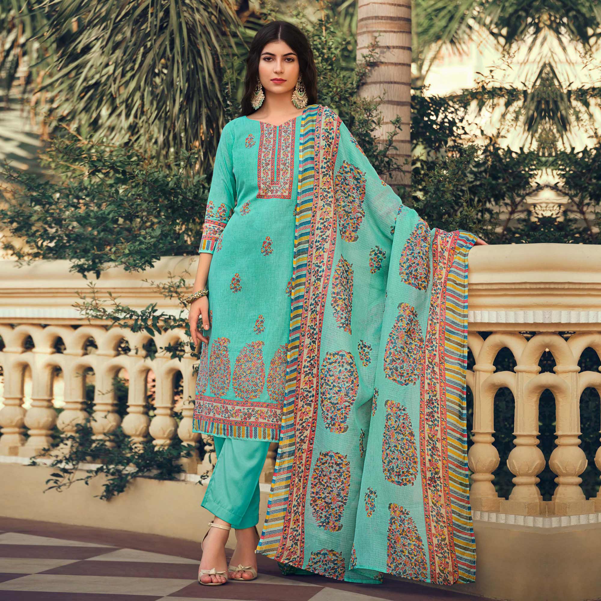 Turquoise Floral Printed Pure Cotton Suit