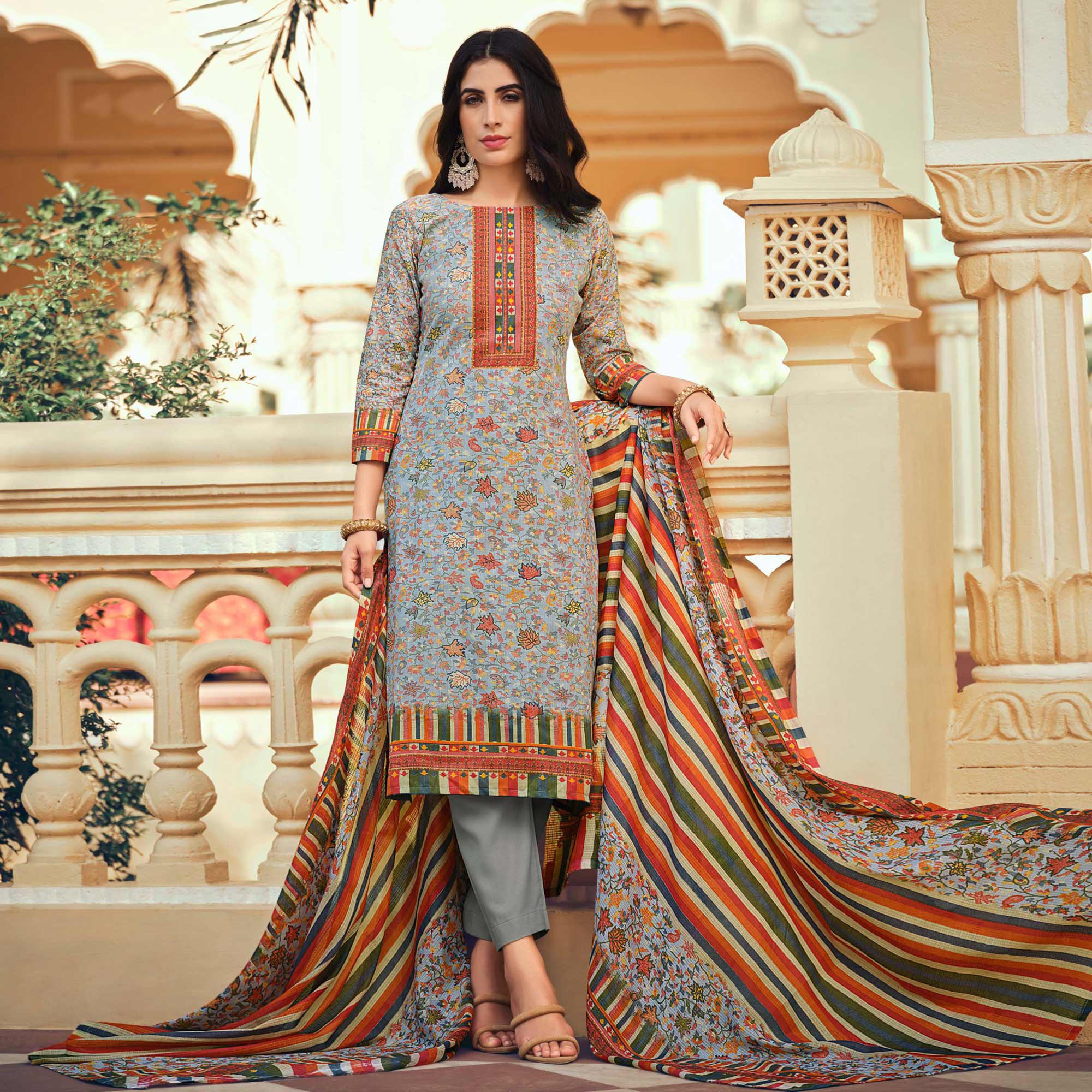 Grey Floral Printed Pure Cotton Suit