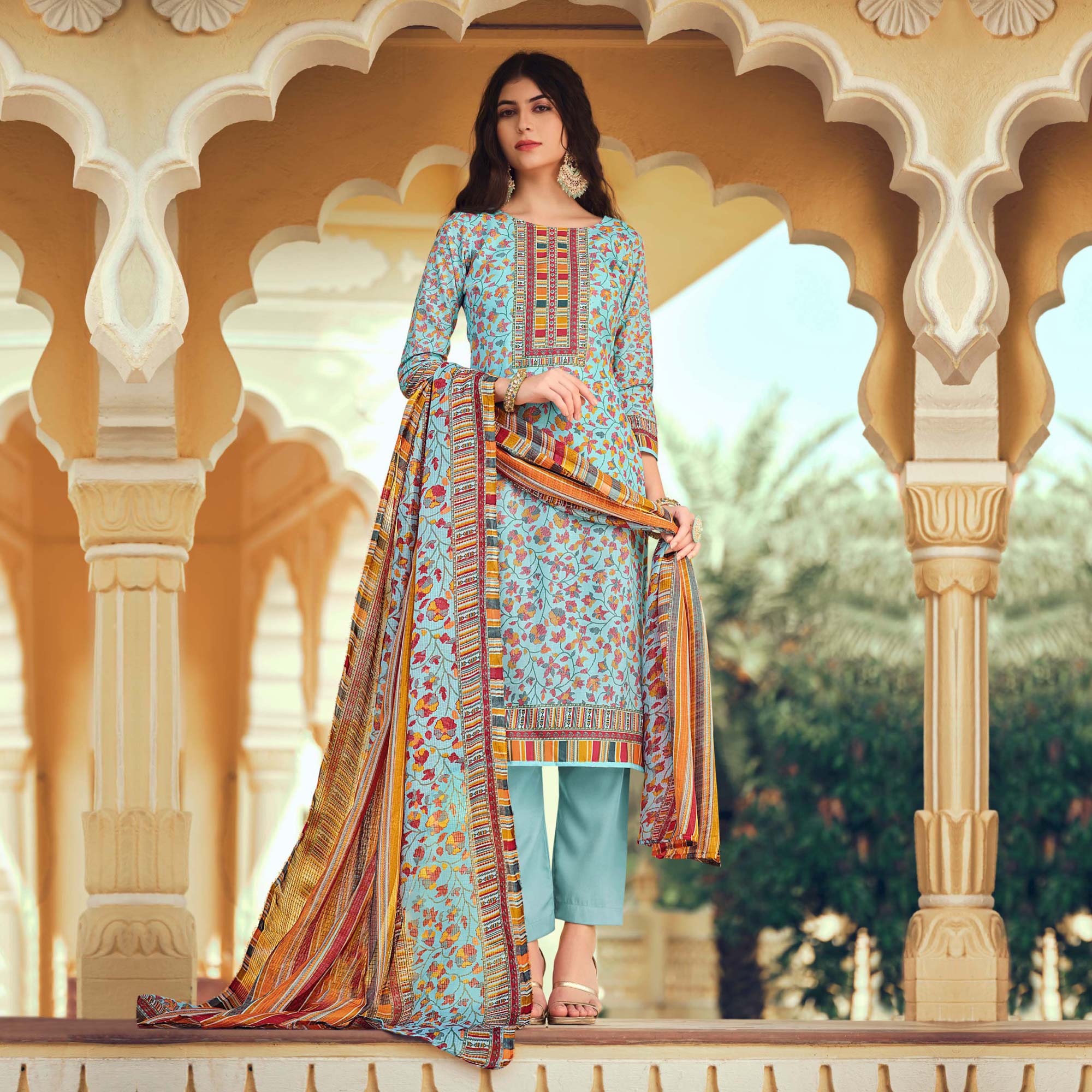 Blue Floral Printed Pure Cotton Suit