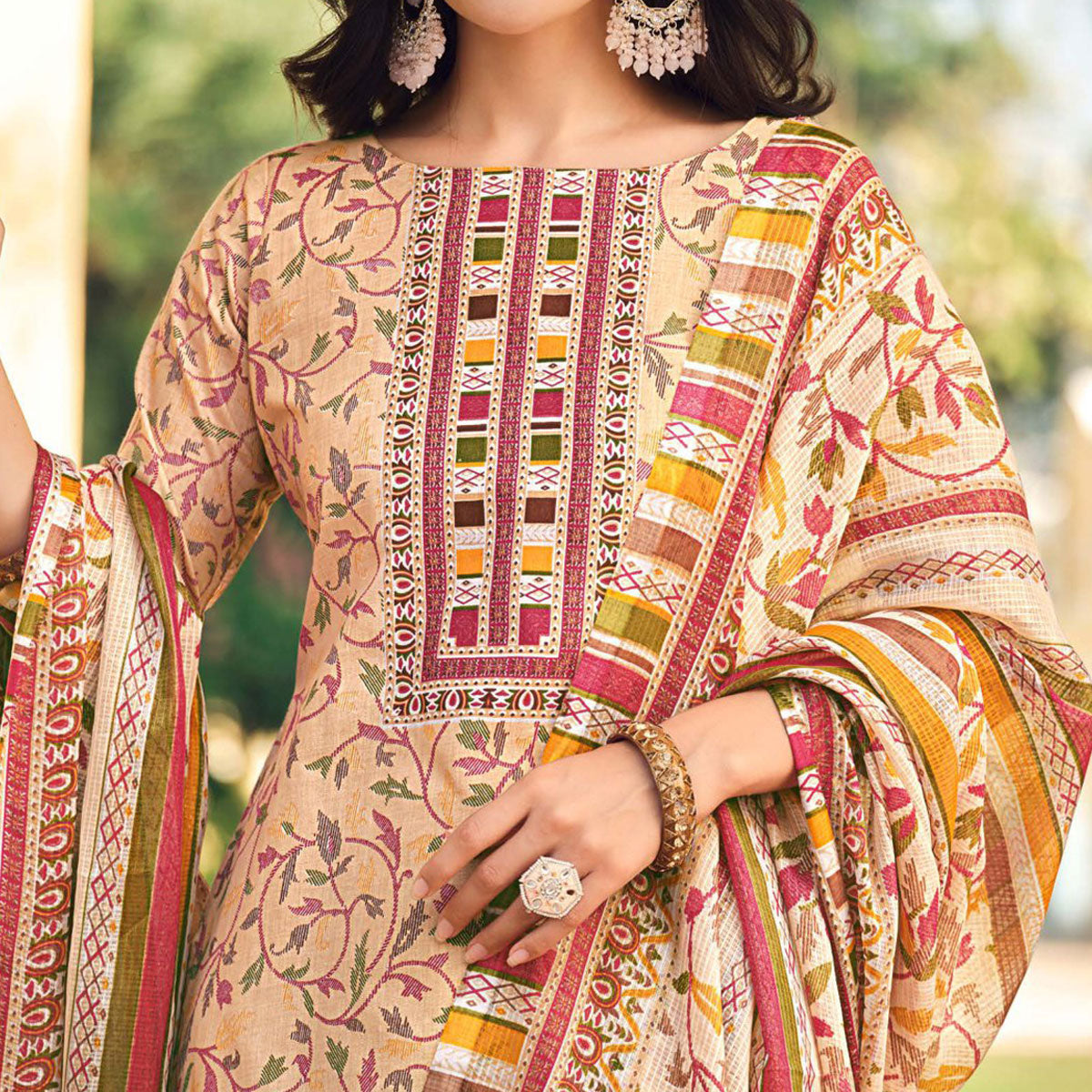 Beige Floral Printed Pure Cotton Suit