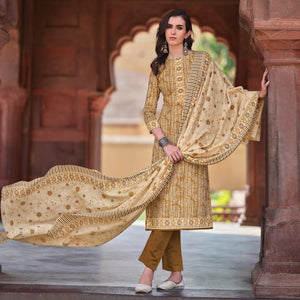 Beige Printed Pure Cotton Dress Material