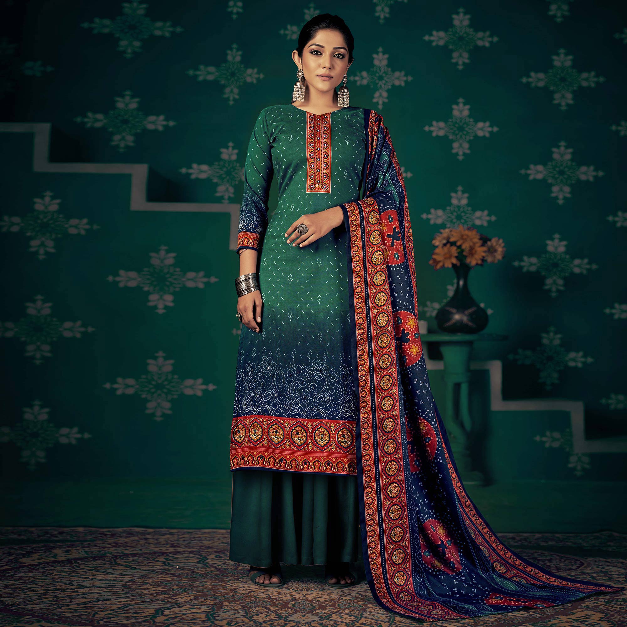 Green Bandhani Printed Pashmina Salwar Suit