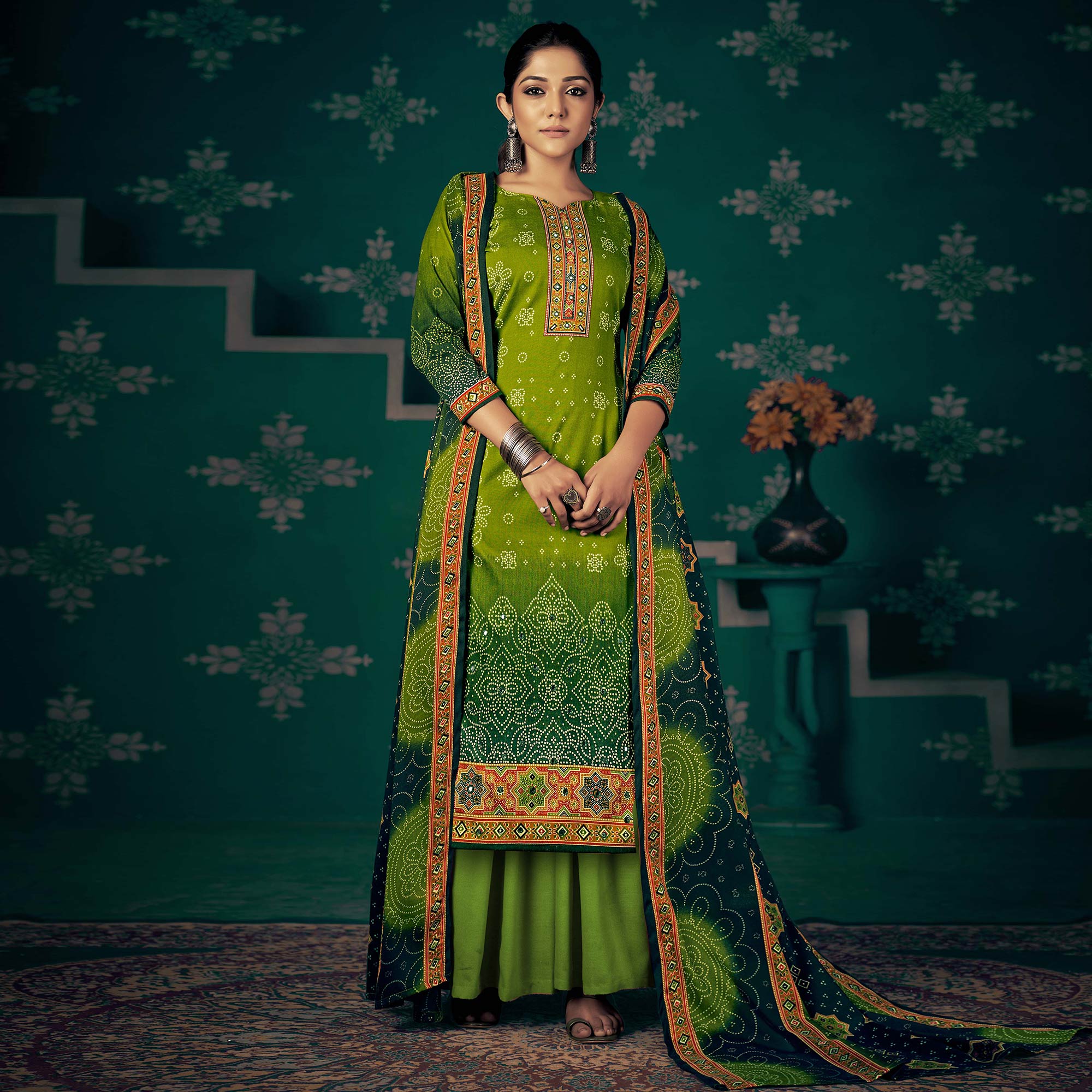 Green Bandhani Printed Pashmina Salwar Suit