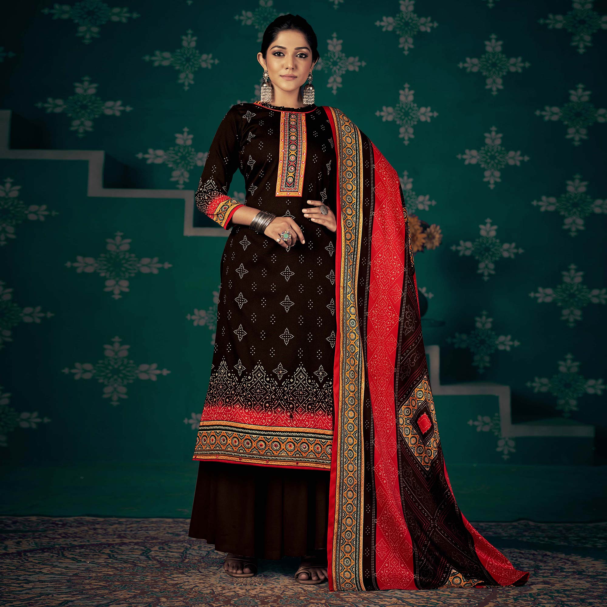 Brown Bandhani Printed Pashmina Salwar Suit