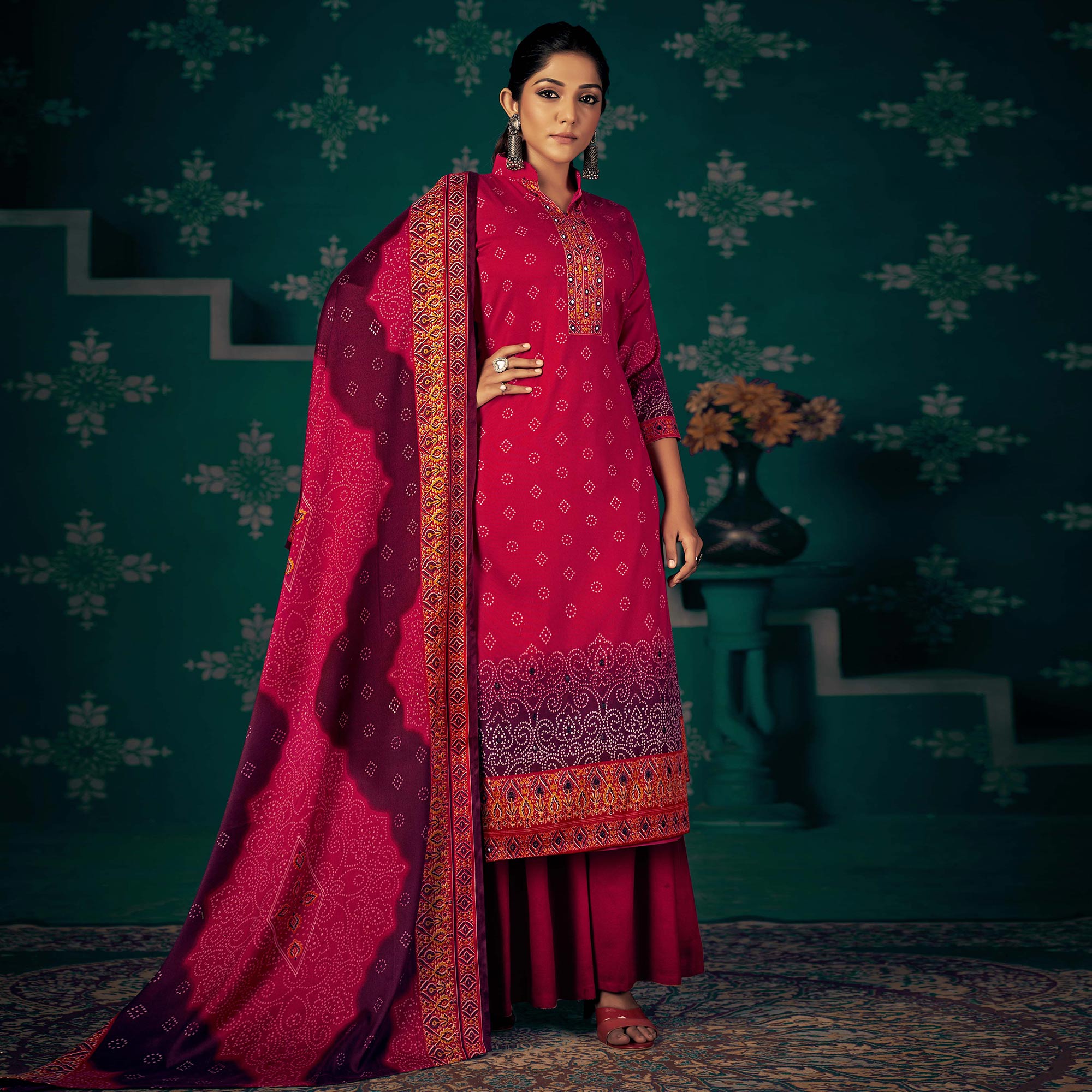 Pink Bandhani Printed Pashmina Salwar Suit