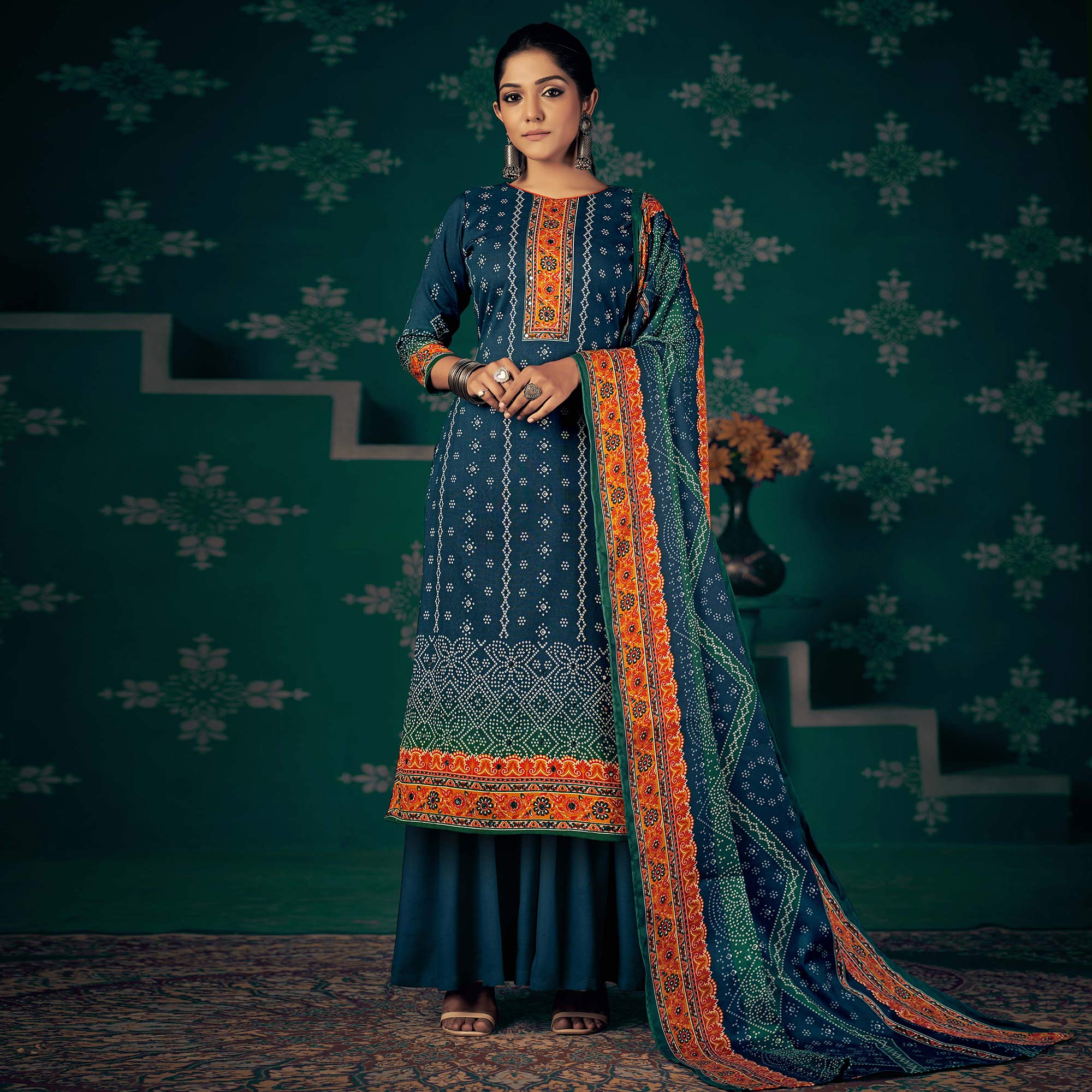 Blue Bandhani Printed Pashmina Salwar Suit