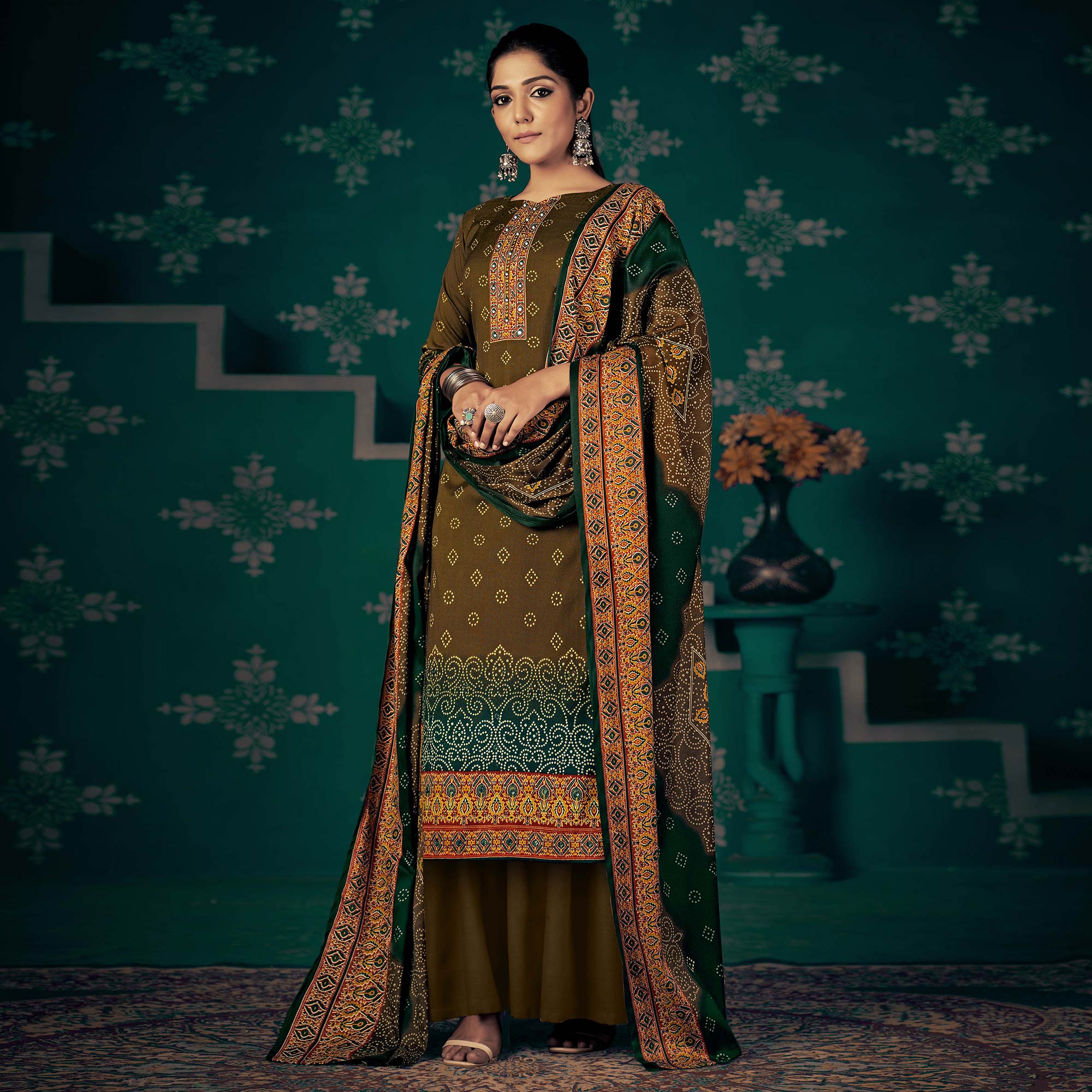 Mehendi Green Bandhani Printed Pashmina Salwar Suit